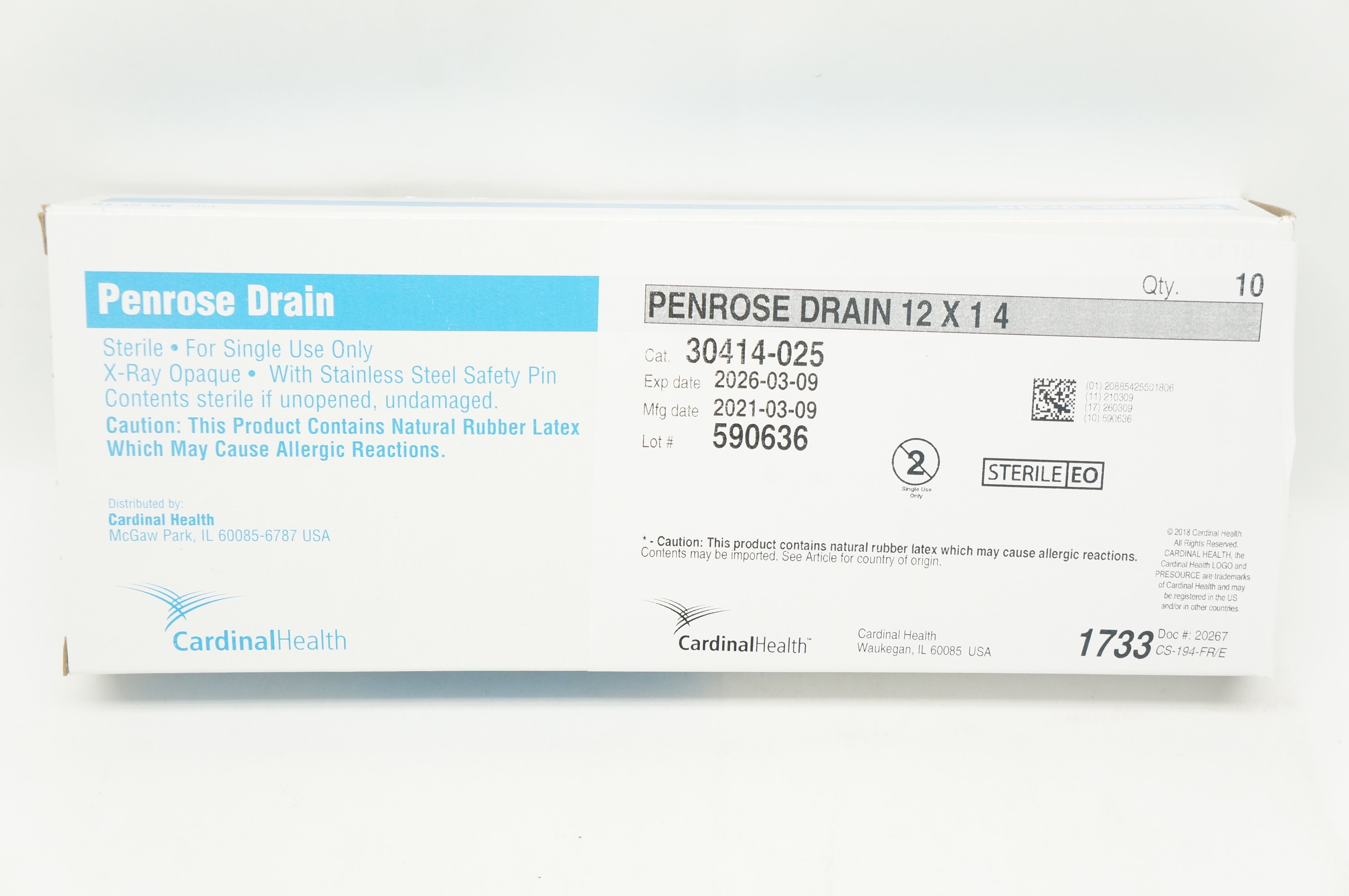 Cardinal Health 30414-025 Penrose Drain 12inch x 14inch - Box of 10