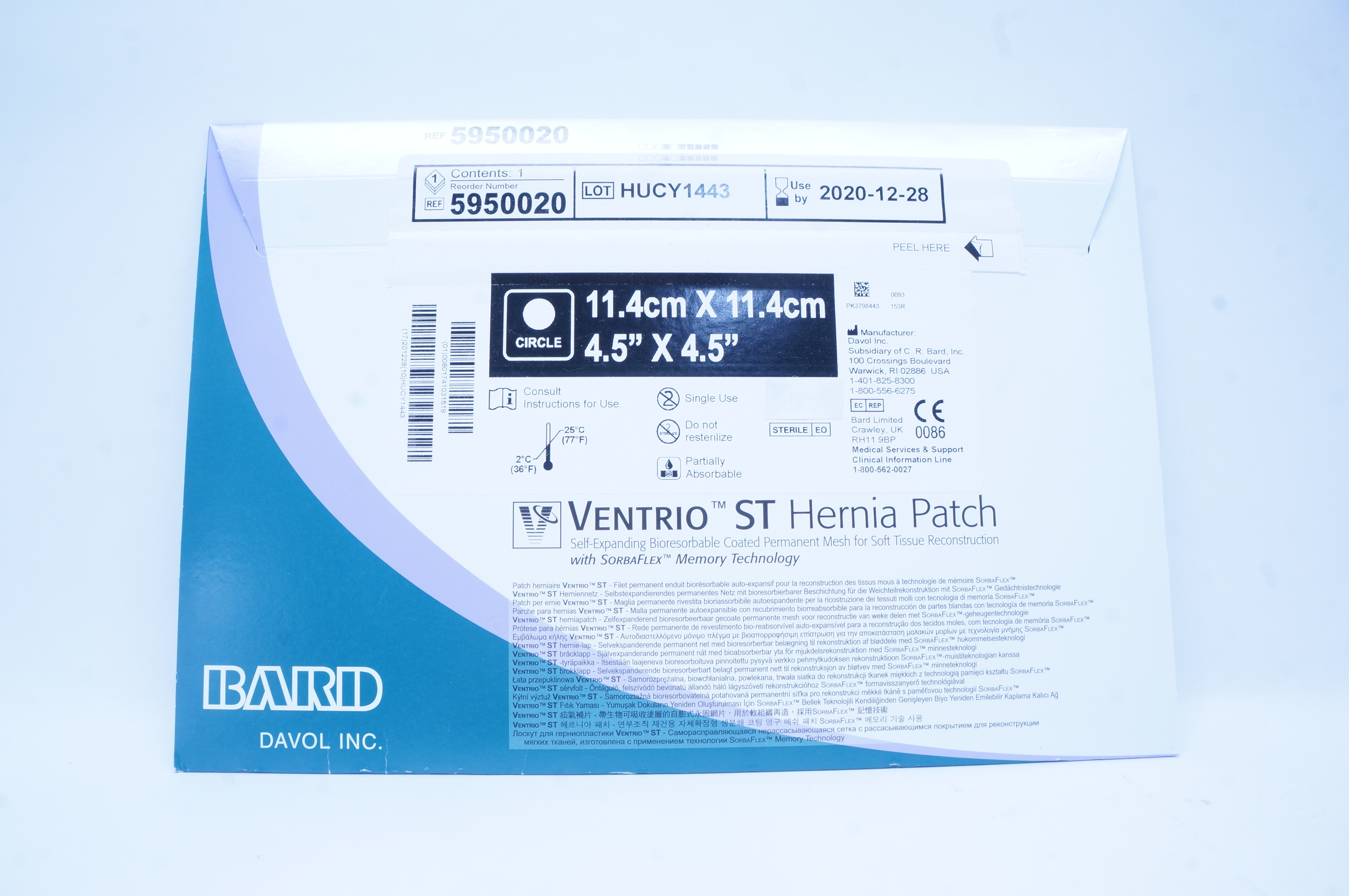 Bard 5950020 Ventrio ST Hernia Patch, Bioresorbable Coated Mesh 4.5x4.5 inch (x)