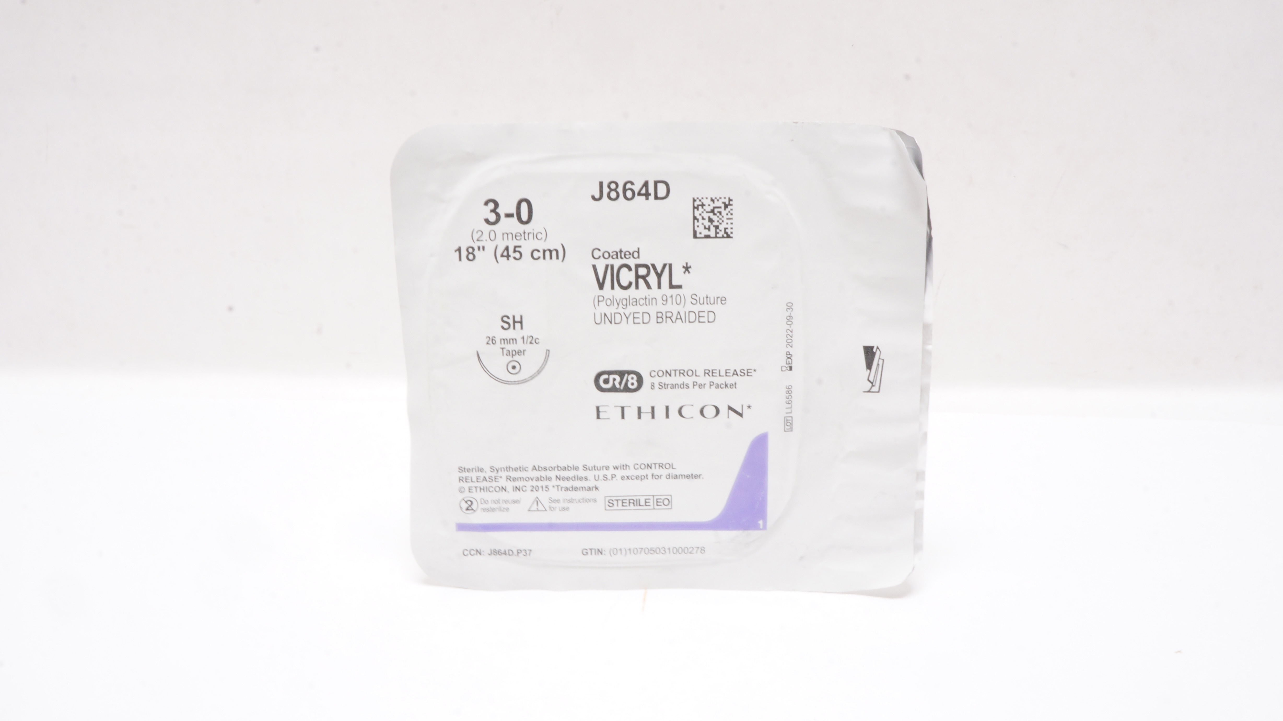 Ethicon J864D 3-0 Coated VICRYL Polyglactin Stre SH 26mm 1/2c Taper 18inch (x)