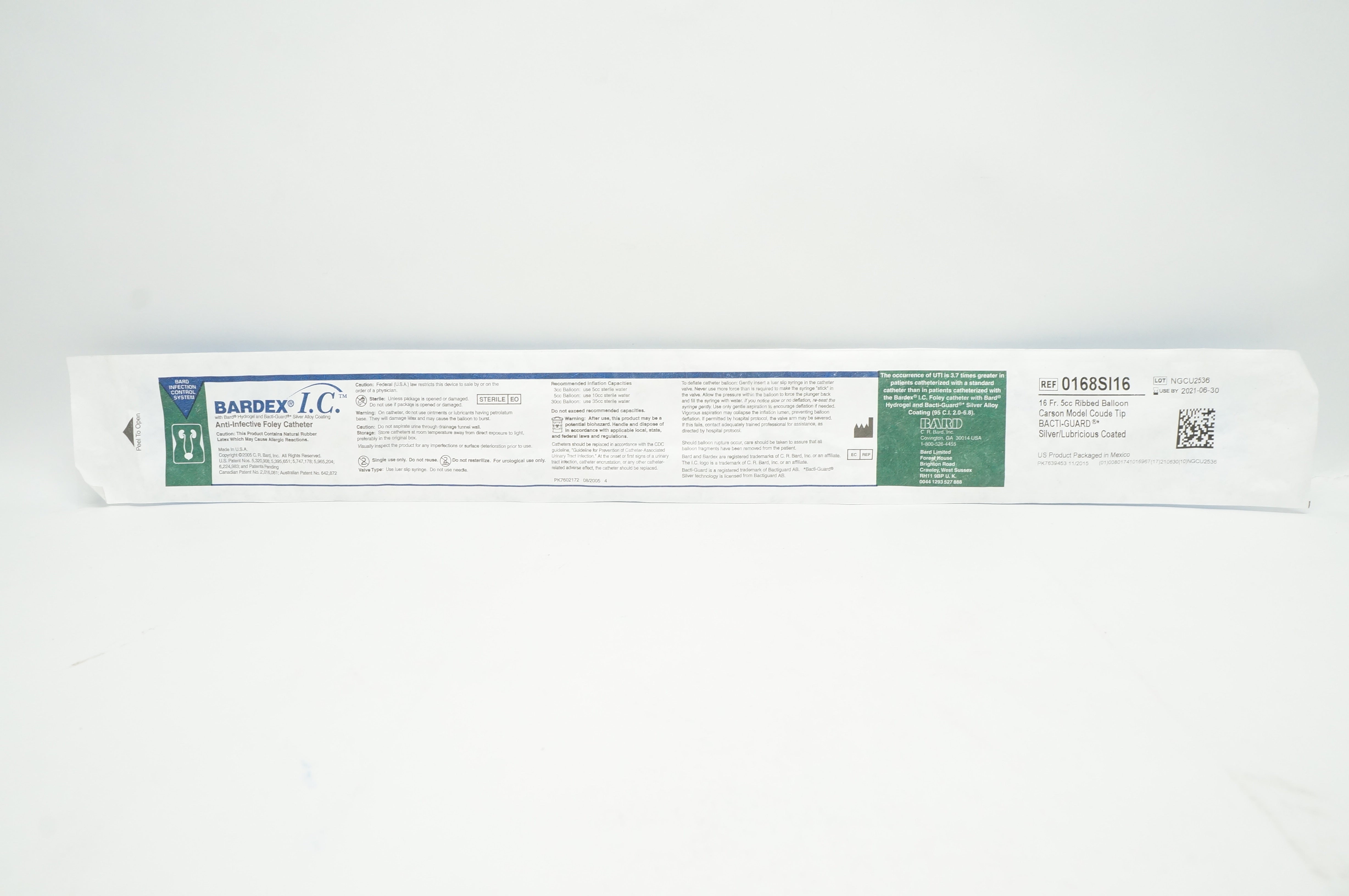 Bard 0168SI16 Bardex Anti-Infective Foley Catheter 16Fr 5cc Ribbed Balloon (x)