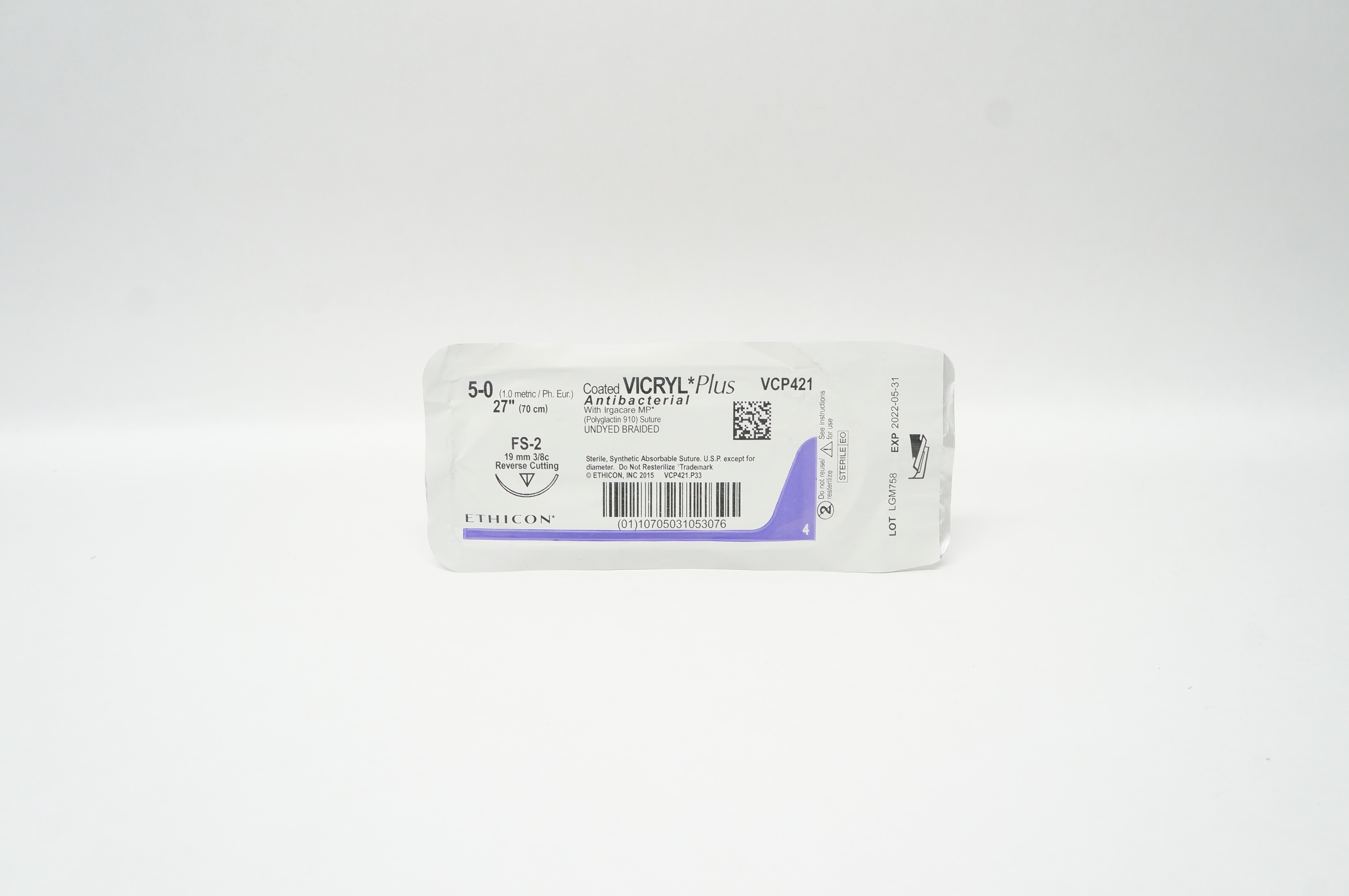 Ethicon VCP421 5-0 Coated Vicryl Plus Antibacterial, FS-2, 19mm 3/8c, 27inch (x)