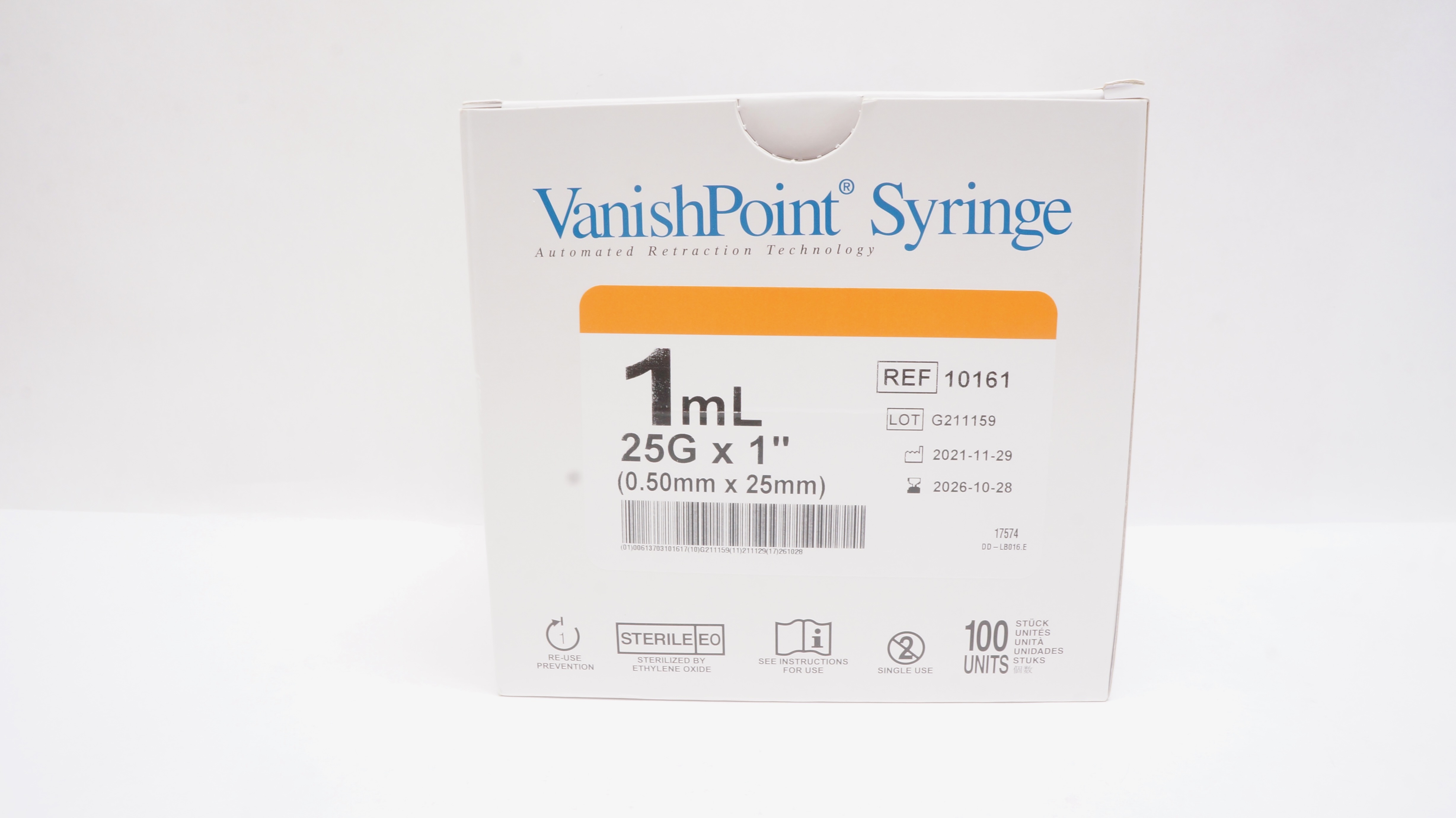 Retractable Technologies 10161 VanishPoint Syringe 1mL, 25G x 1inch - Box of 100
