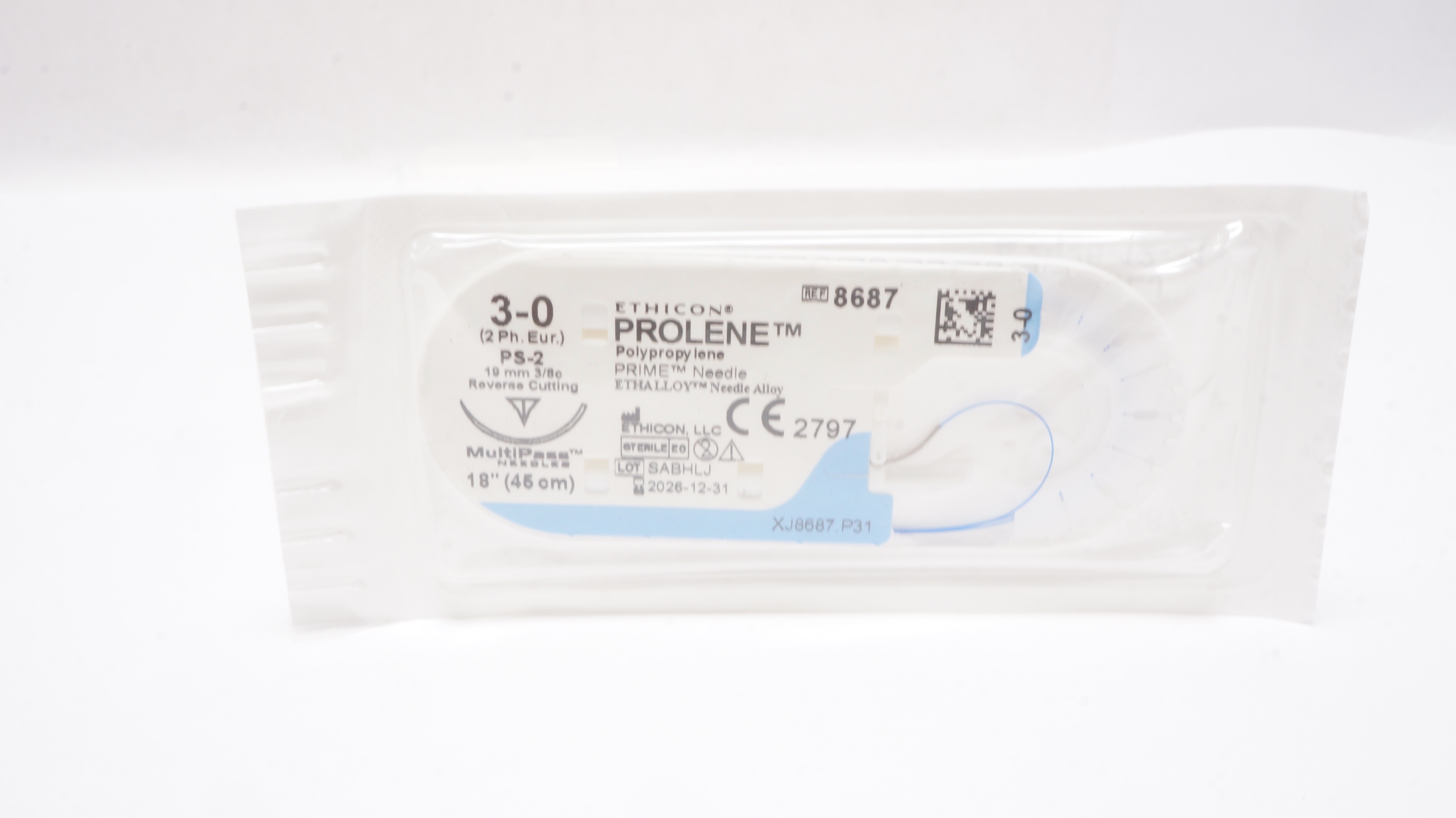 Ethicon 8687 3-0 PROLENE PolypropyleneStre PS-2 19mm 3/8c Reverse Cutting 18inch