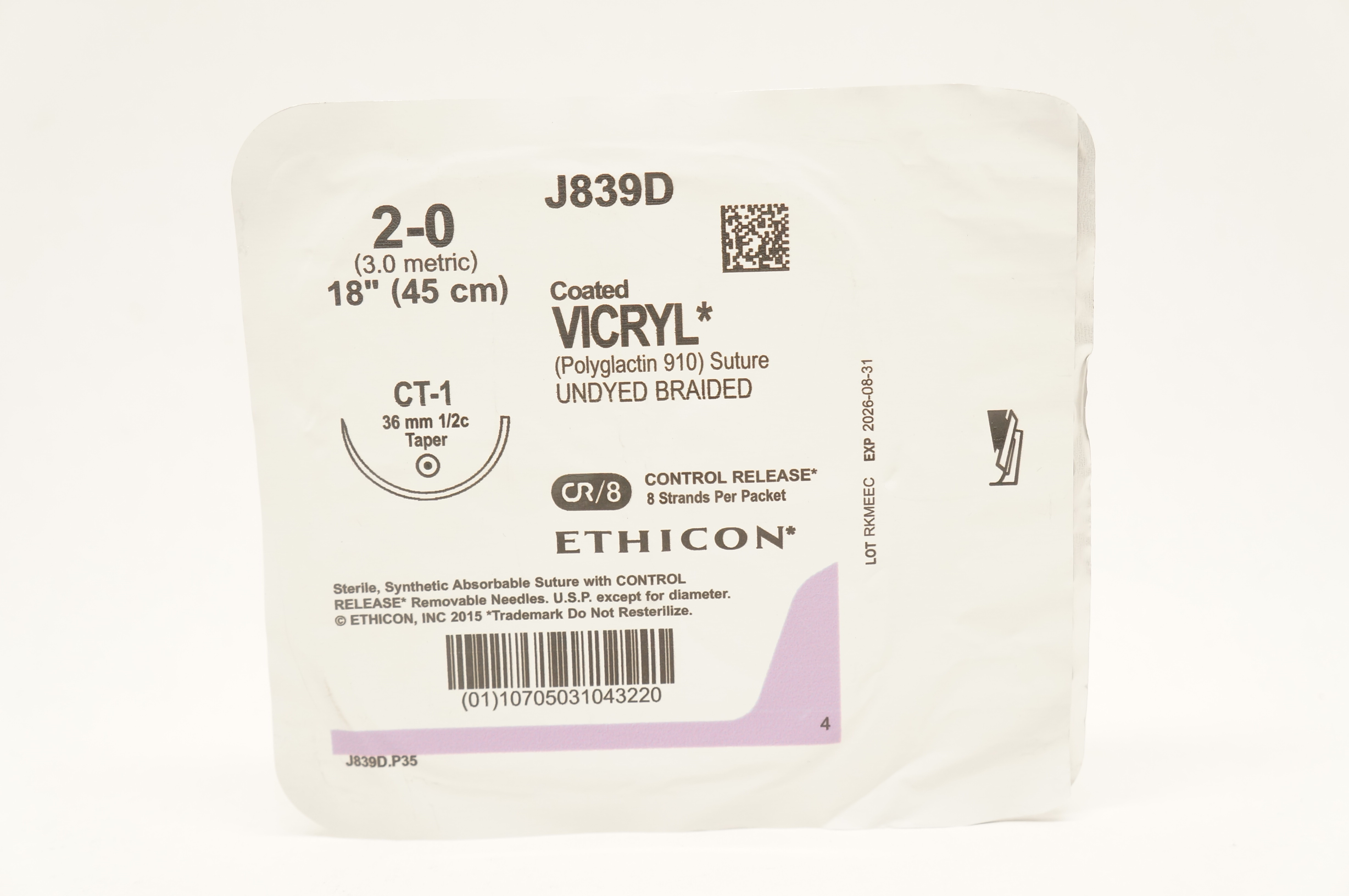 Ethicon J839D 2-0 Coated VICRYL Stre CT-1 36mm 1/2c Taper, 18 inch