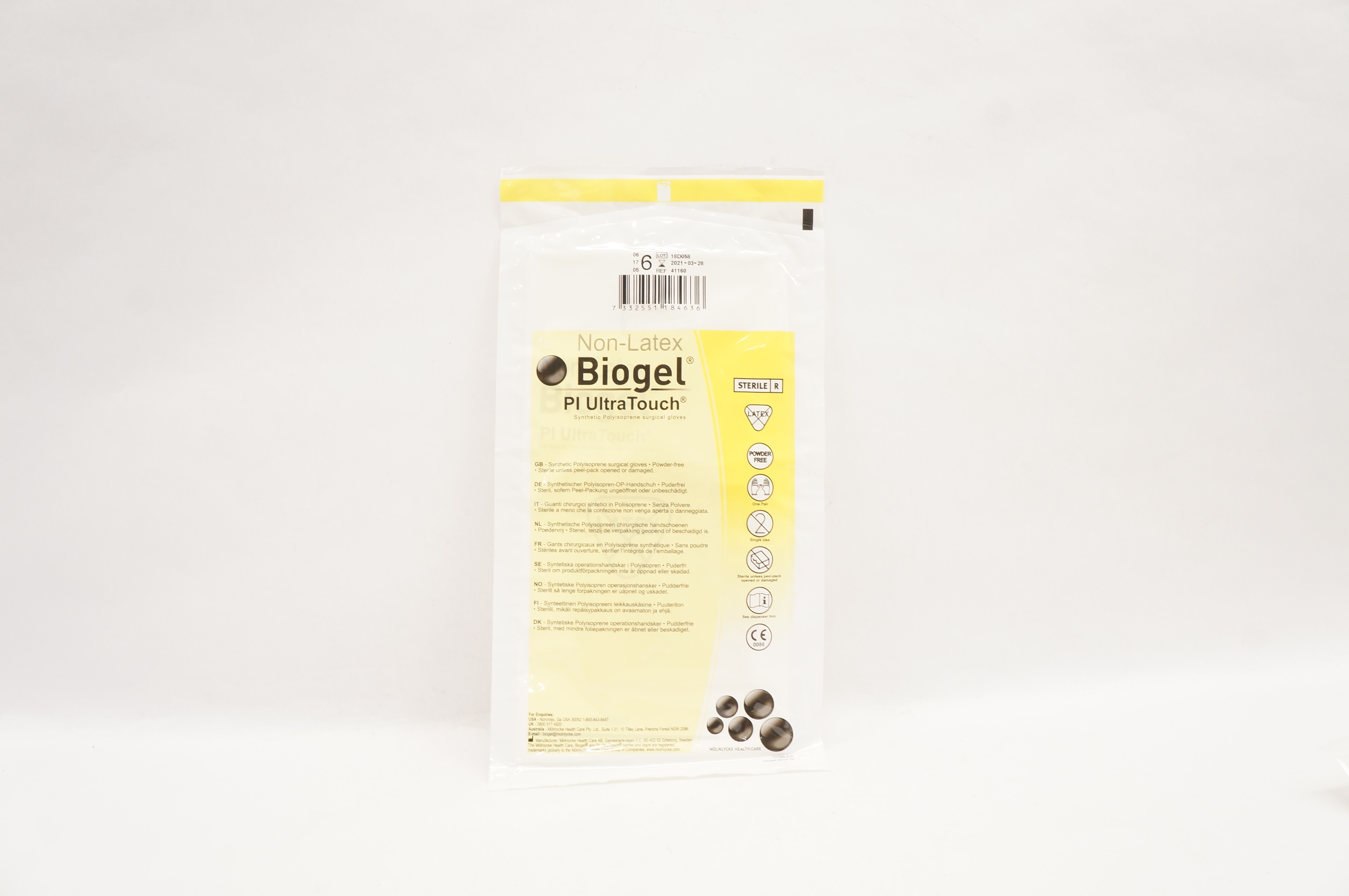 Molnlycke Health Care 41160 Non-Latex Biogel Pl UltraTouch Surgical Gloves 6(x)
