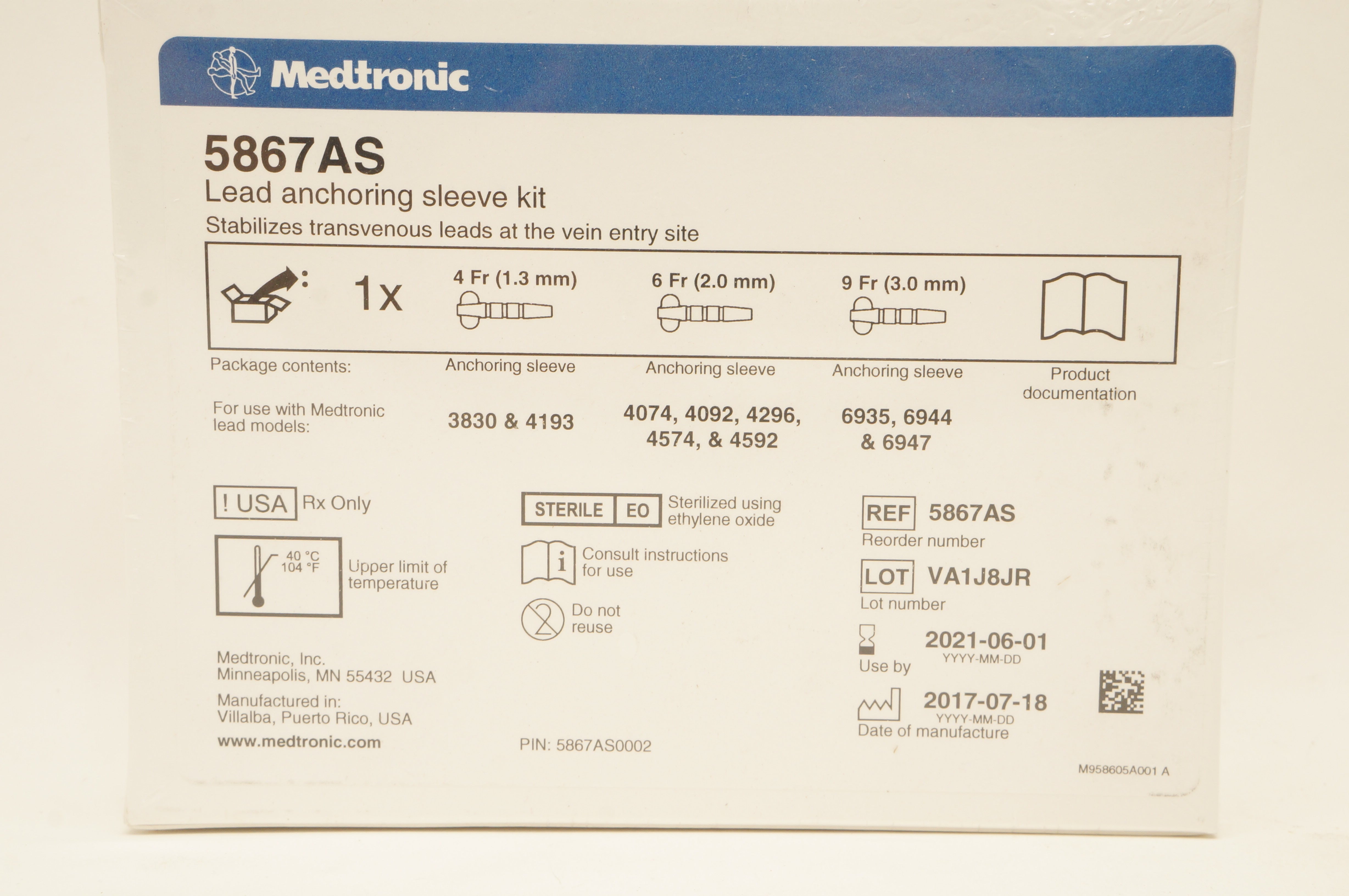 Medtronic 5867AS Lead Anchoring Sleeve Kit 4Fr x 6Fr x 9Fr (x)
