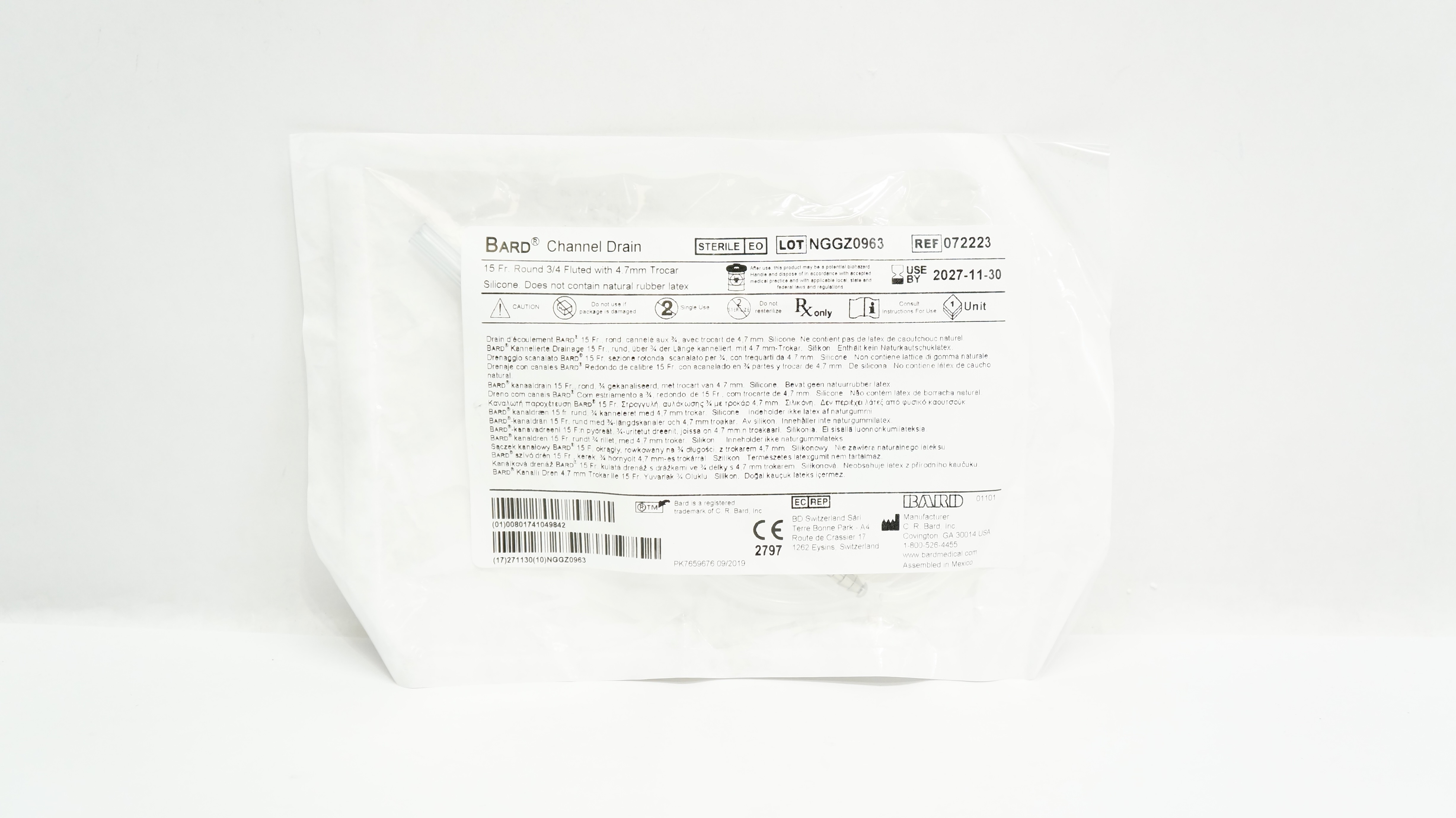 Bard 072223 Channel Drain 15Fr. Round 3/4 Fluted W/ 4.7mm Trocar