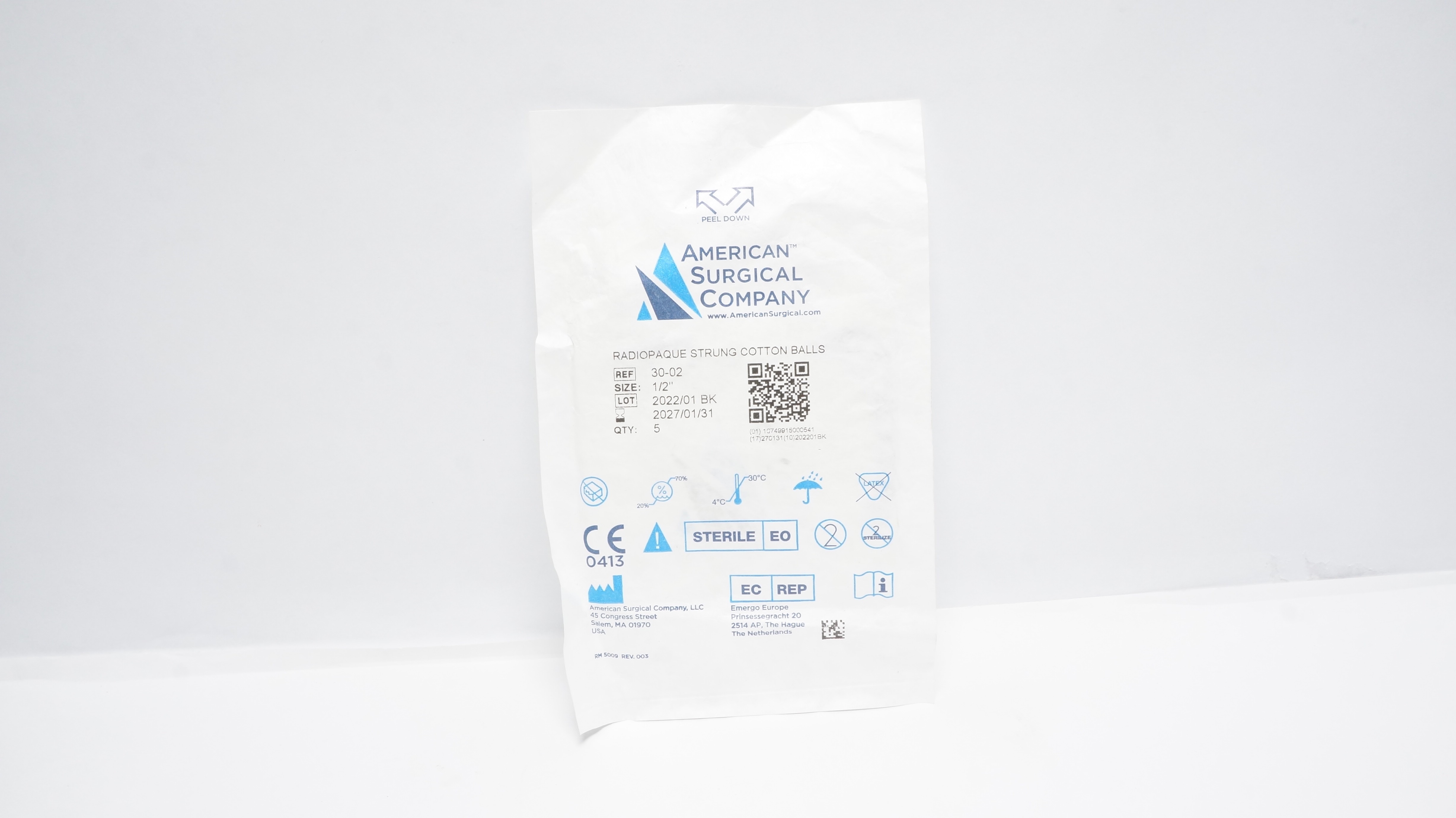 American Surgical Company 30-02 Radiopaque Strung Cotton Balls 1/2 inch -  Pack of 5