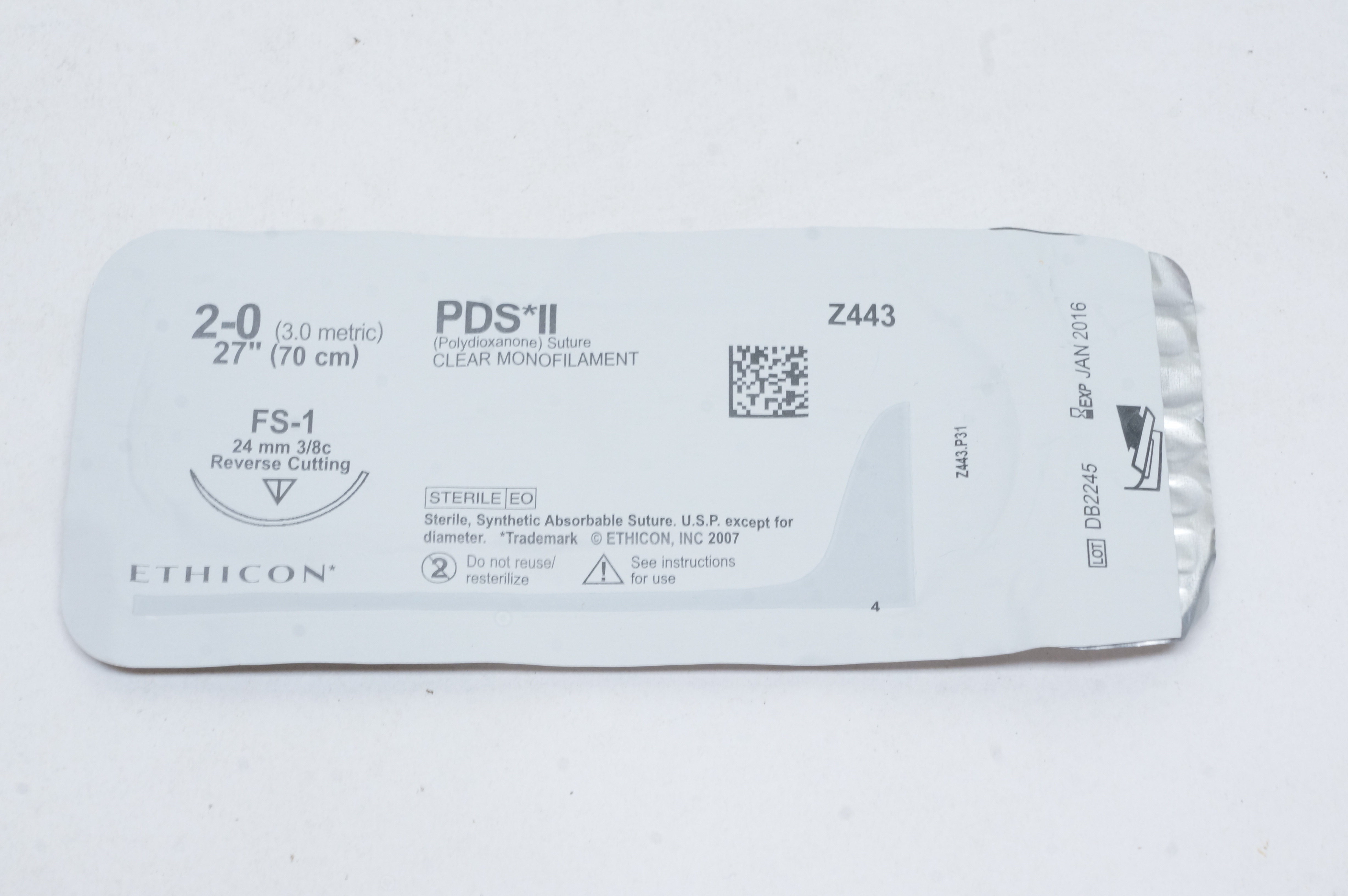 Ethicon Z443 2-0 PDS II, FS-1, 24mm 3/8c Reverse Cutting, 27inch (x)