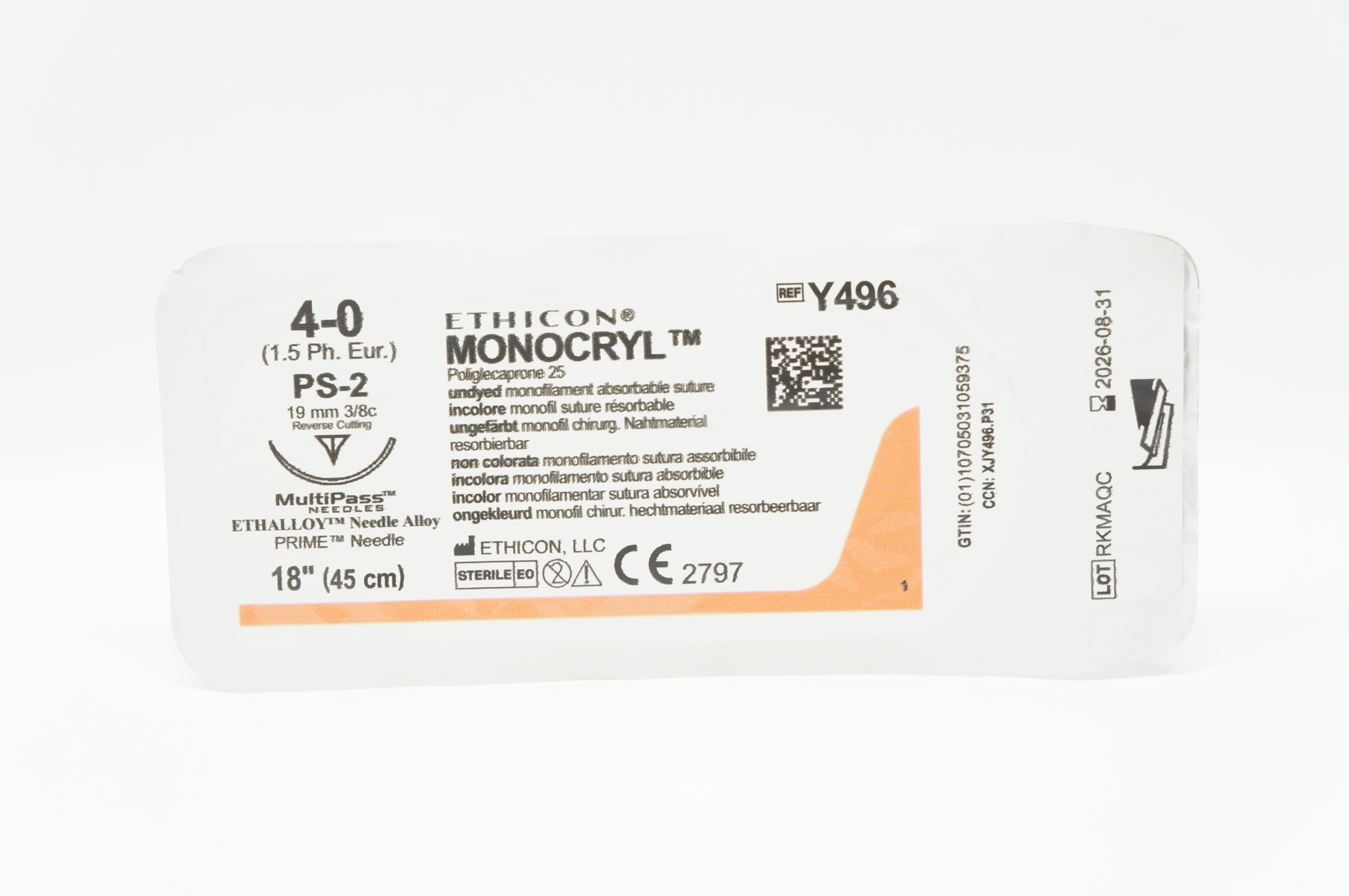 Ethicon Y496 4-0 Monocryl Stre PS-2 19mm 3/8c Reverse Cutting 18 inch