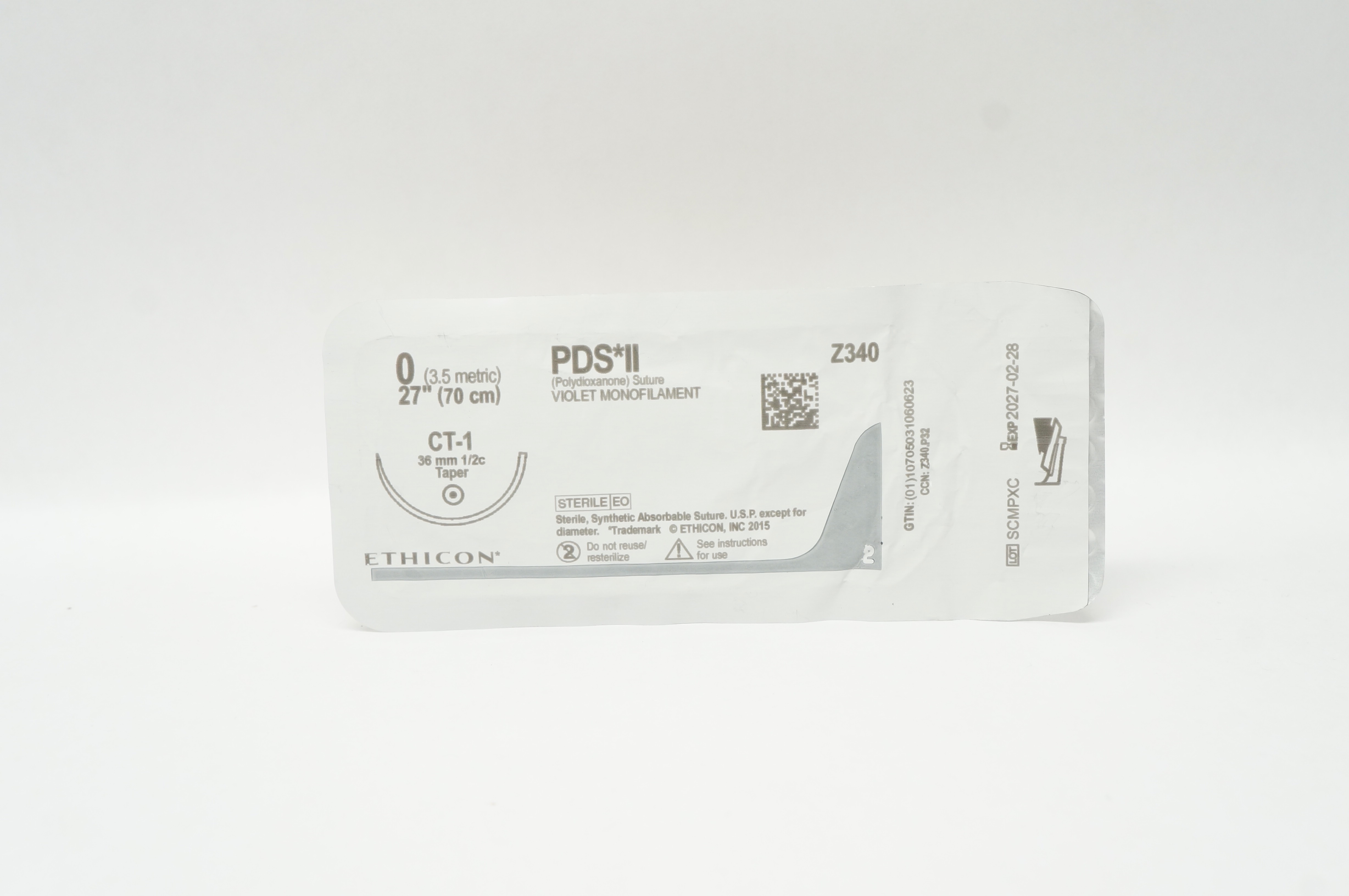 Ethicon Z340 0 PDS II Polydioxanone Stre. CT-1 36mm 1/2c Taper, 27inch