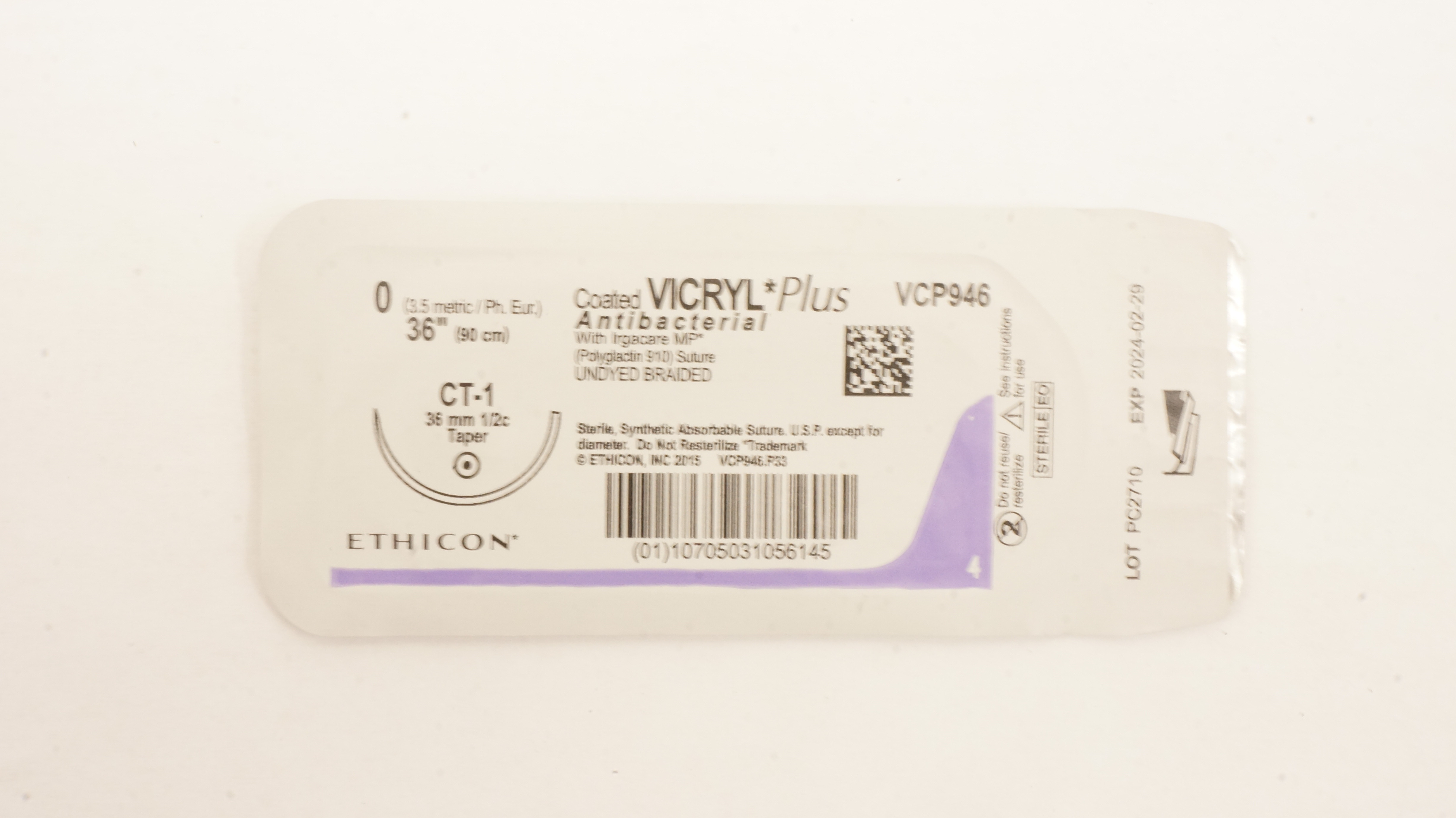 Ethicon VCP946 0 VICRYL Plus Antibacterial Stre CT-1 36mm 1/2c Taper, 36inch