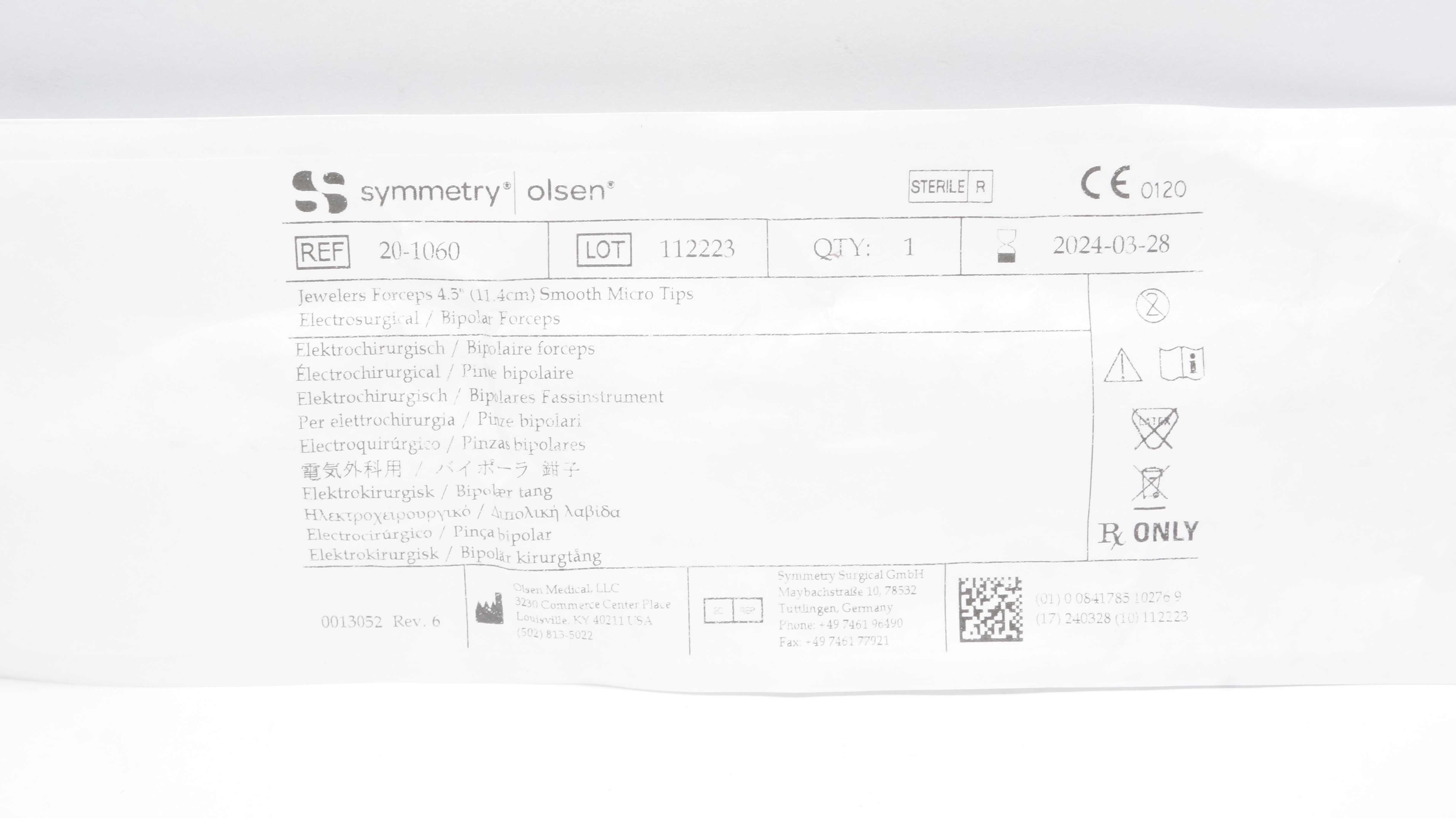Olsen Medical 20-1060 Symmetry Jewelers Forceps 4.5inch Smooth Micro Tips (x)