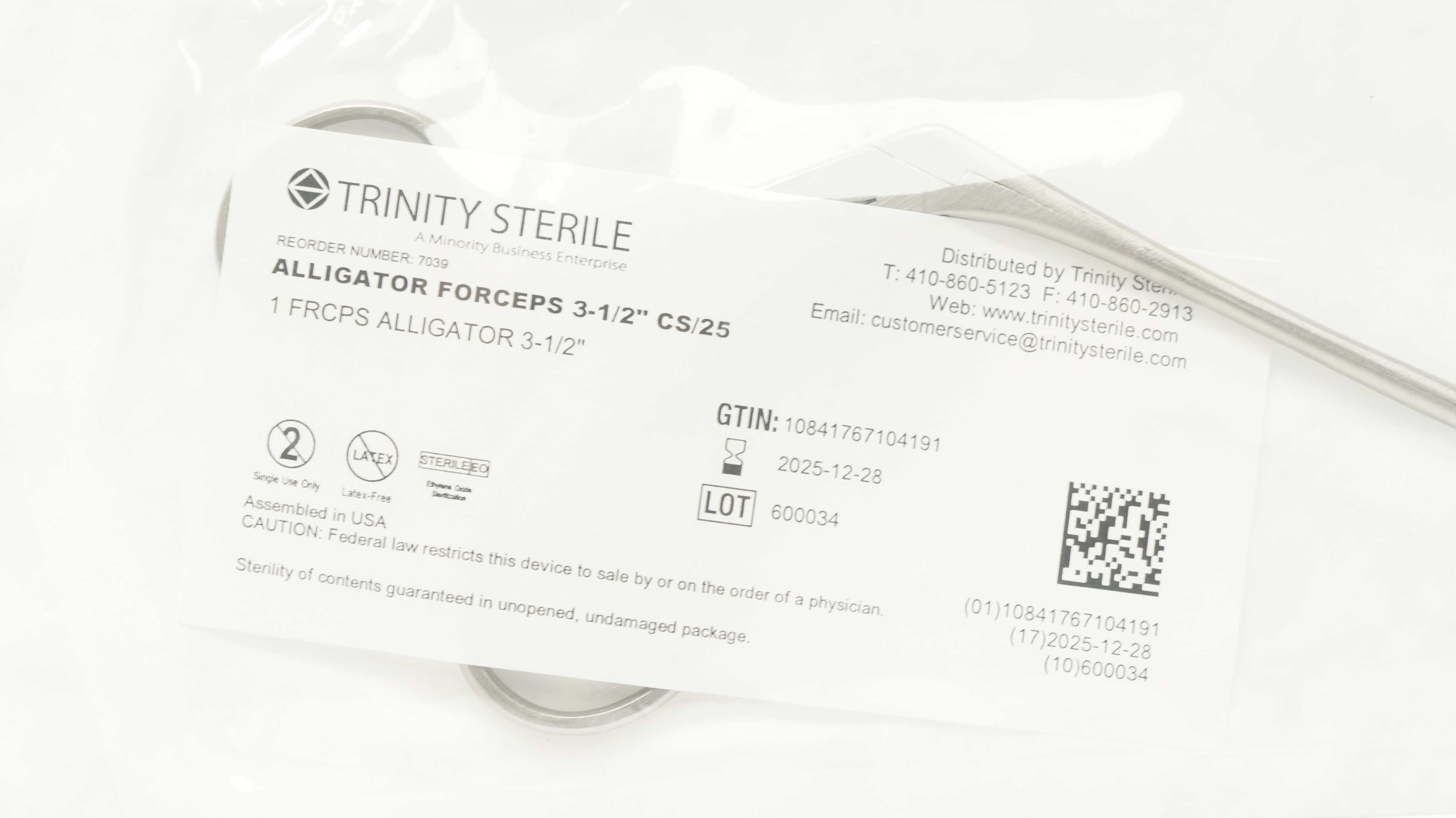 Trinity Sterile 7039 Alligator Forceps 3-1/2inch CS/25
