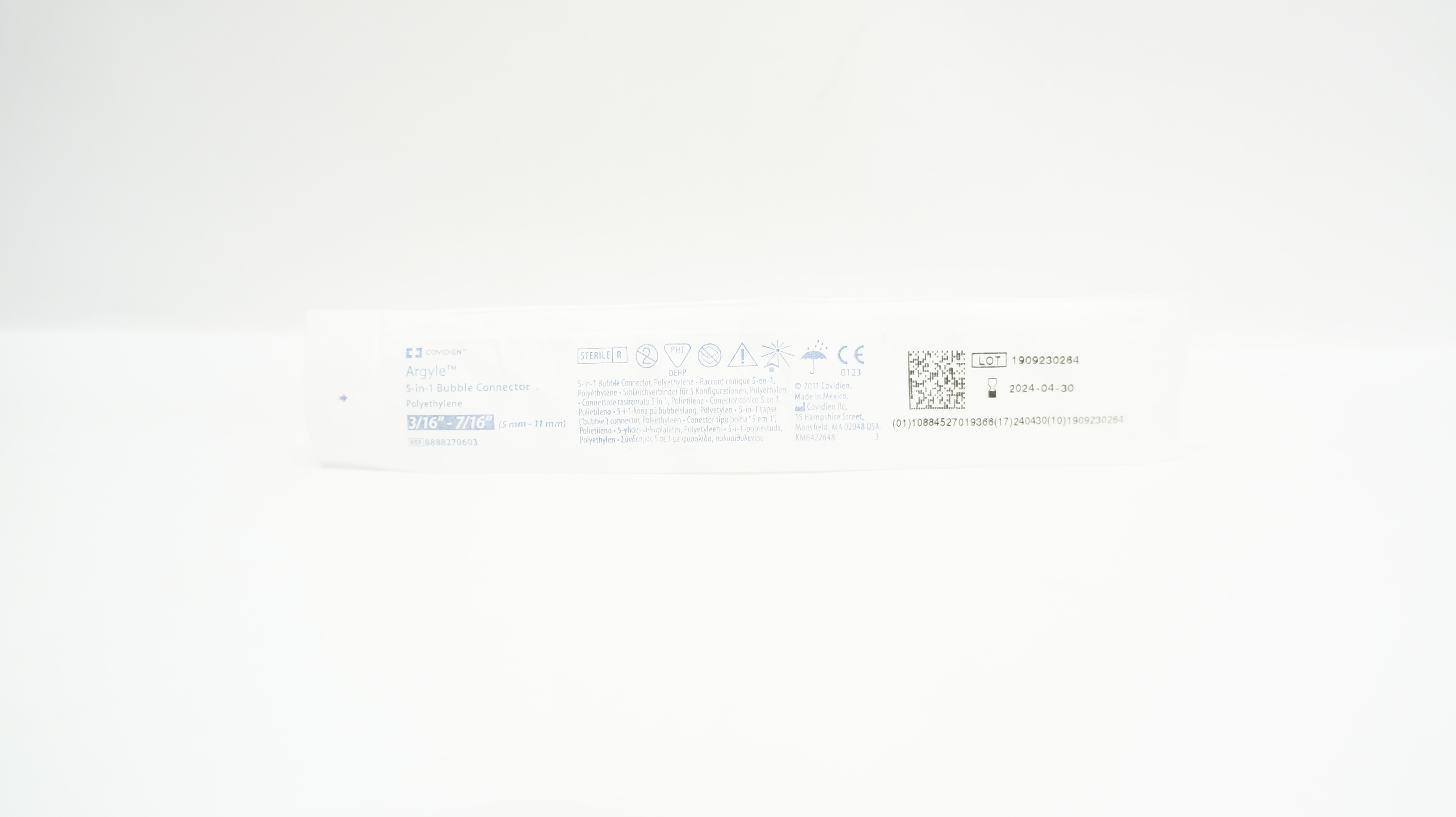 Covidien 8888270603 Argyle 5-in-1 Bubble Connector,Polyethylene 3/16 x 7/16inch