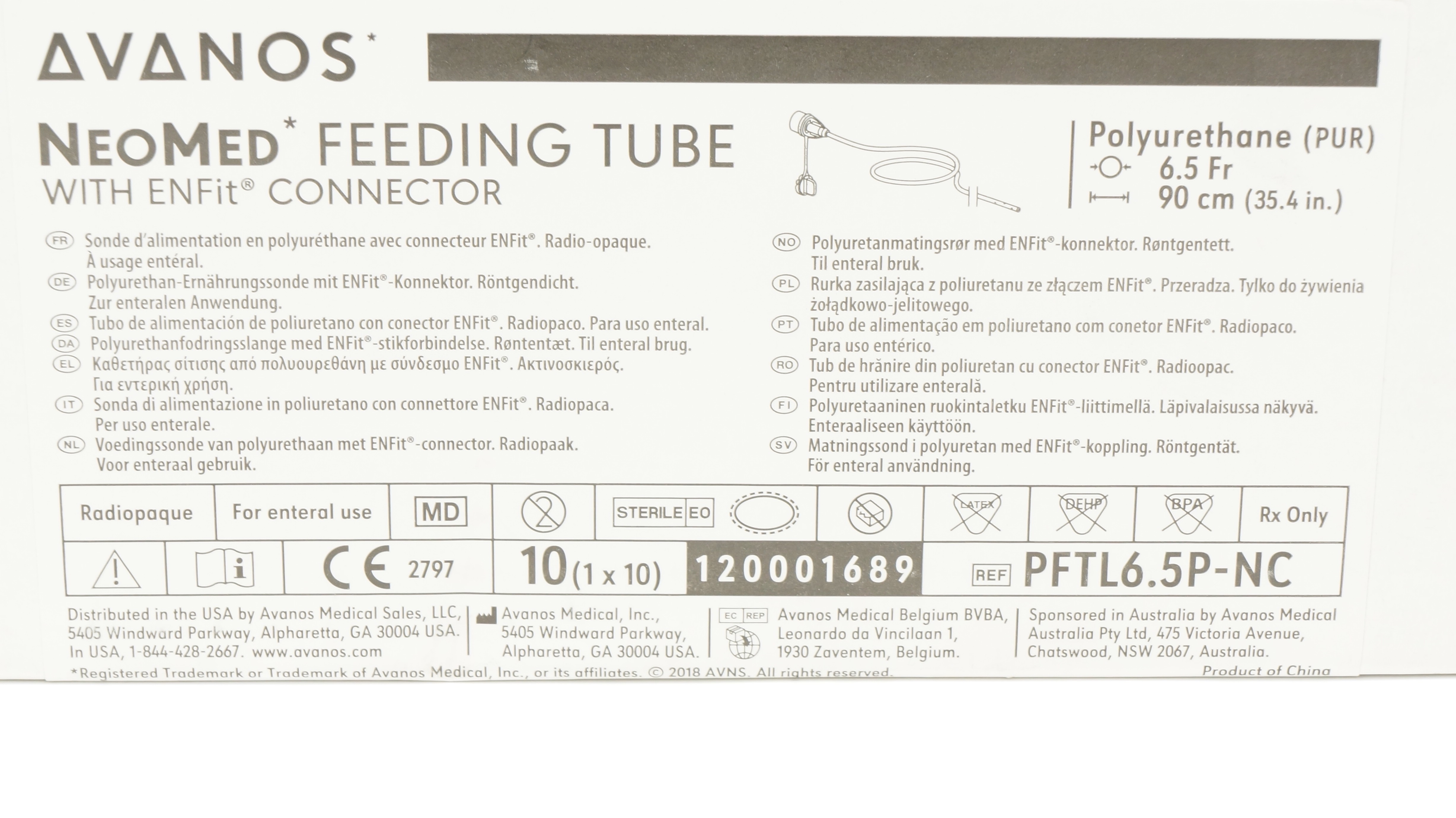 Avanos PFTL6.5P-NC NeoMed Feeding Tube w/Connector 6.5Fr x 35.4inch - Box of 9