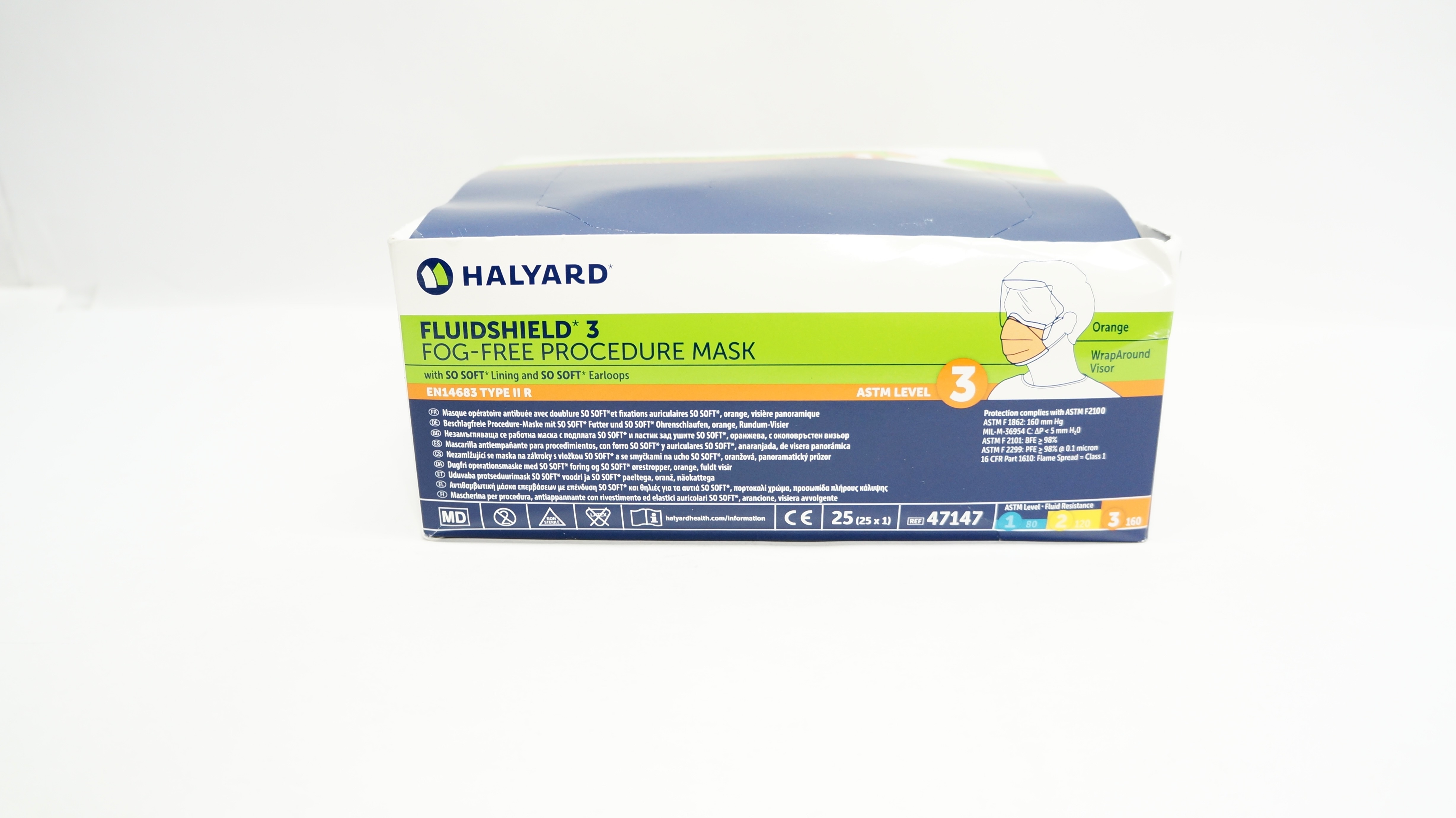 Halyard 47147 FLUIDSHIELD Level 3 Fog-Free Procedure Mask - Box of 25