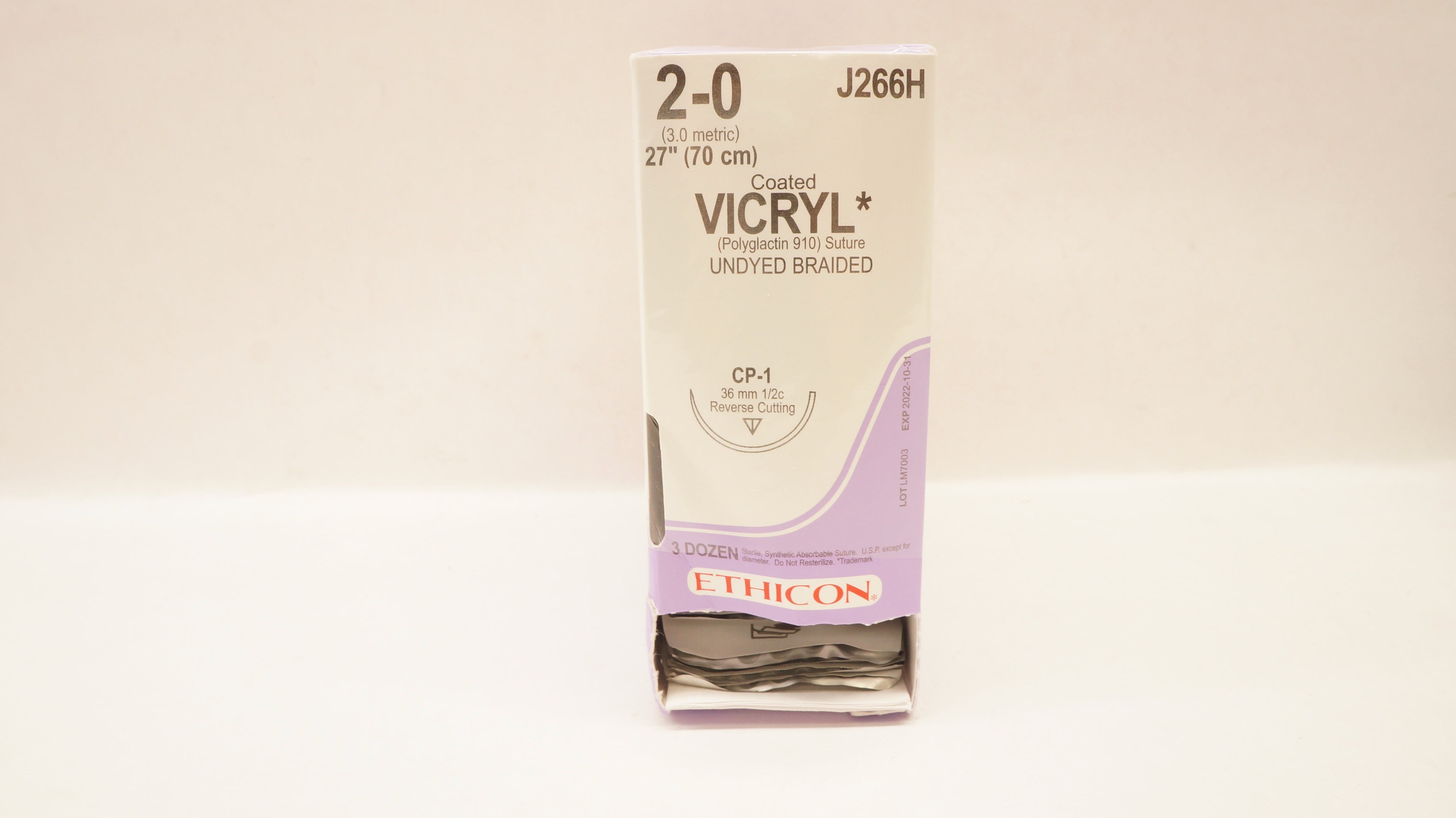 Ethicon J266H 2-0 Coated Vicryl Undyed Braided 27in. CP-1 36mm 1/2c(x)-Box of 35