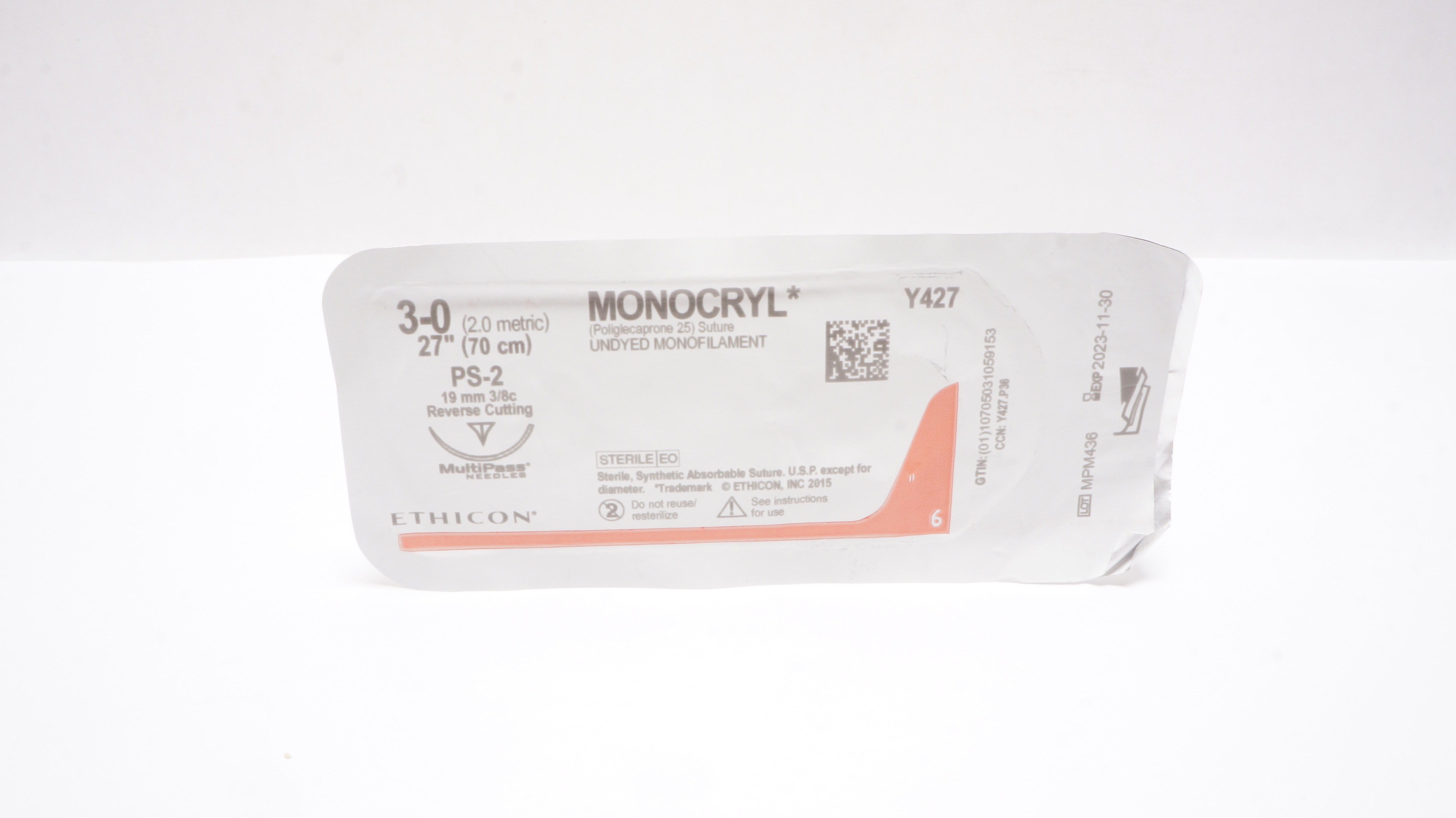 Ethicon Y427 3-0 MONOCRYL Undyed PS-2 19mm 3/8c Reverse Cutting 27inch