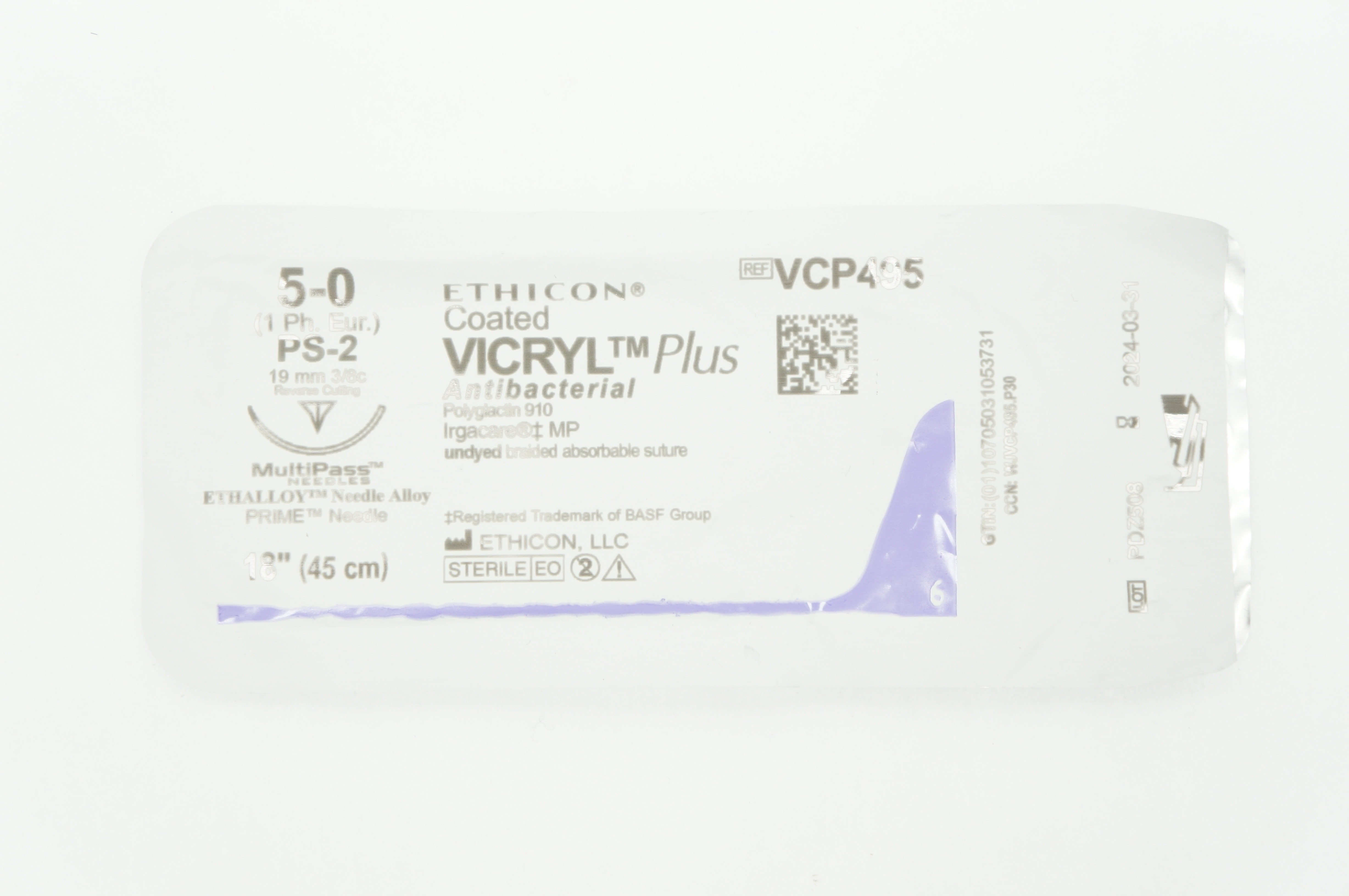 Ethicon VCP495 5-0 VICRYL Plus PS-2 19mm 3/8c Reverse Cutting 18inch