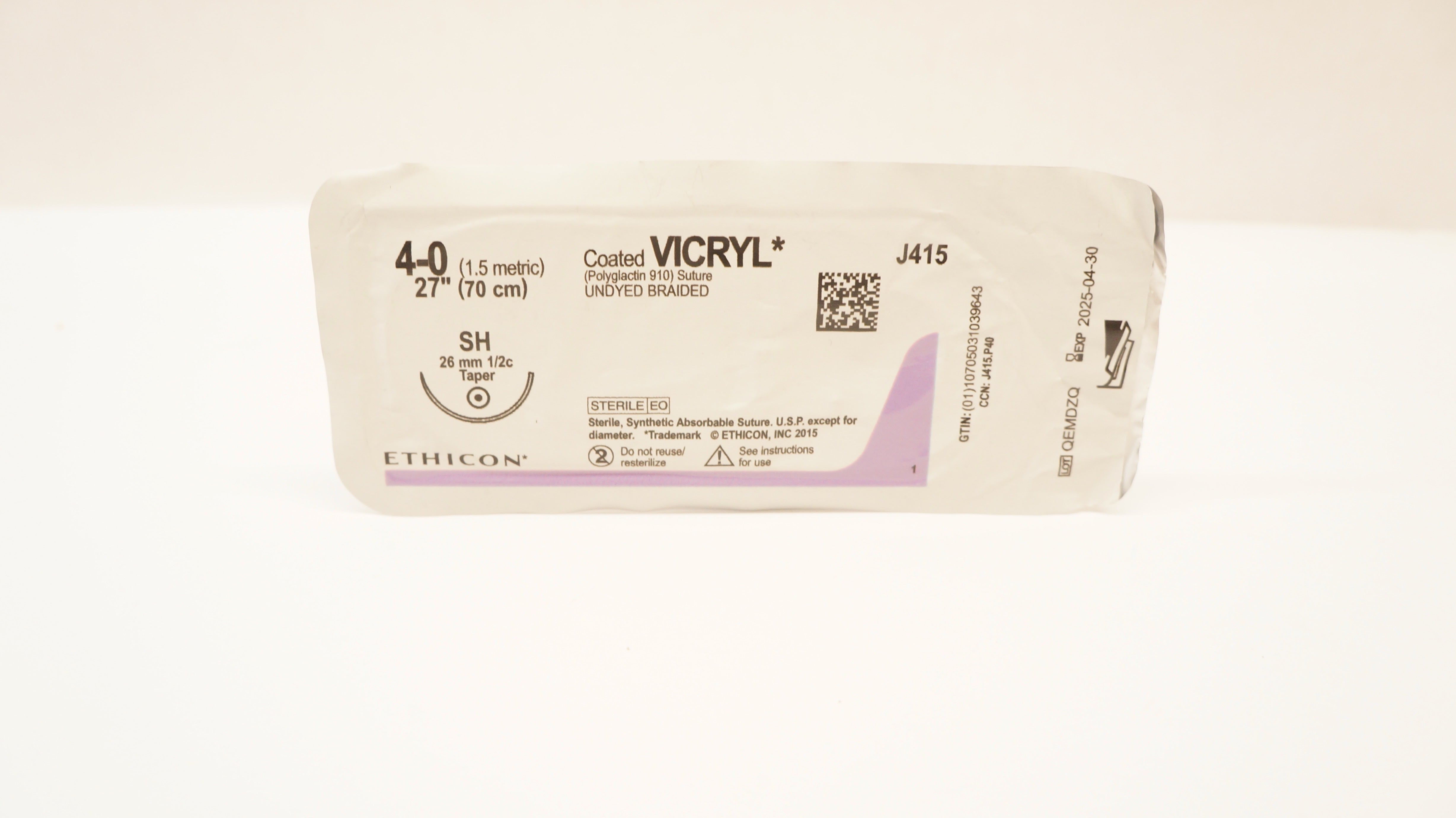Ethicon J415 4-0 Coated Vicryl Undyed Braided SH 26mm 1/2c Taper, 27inch