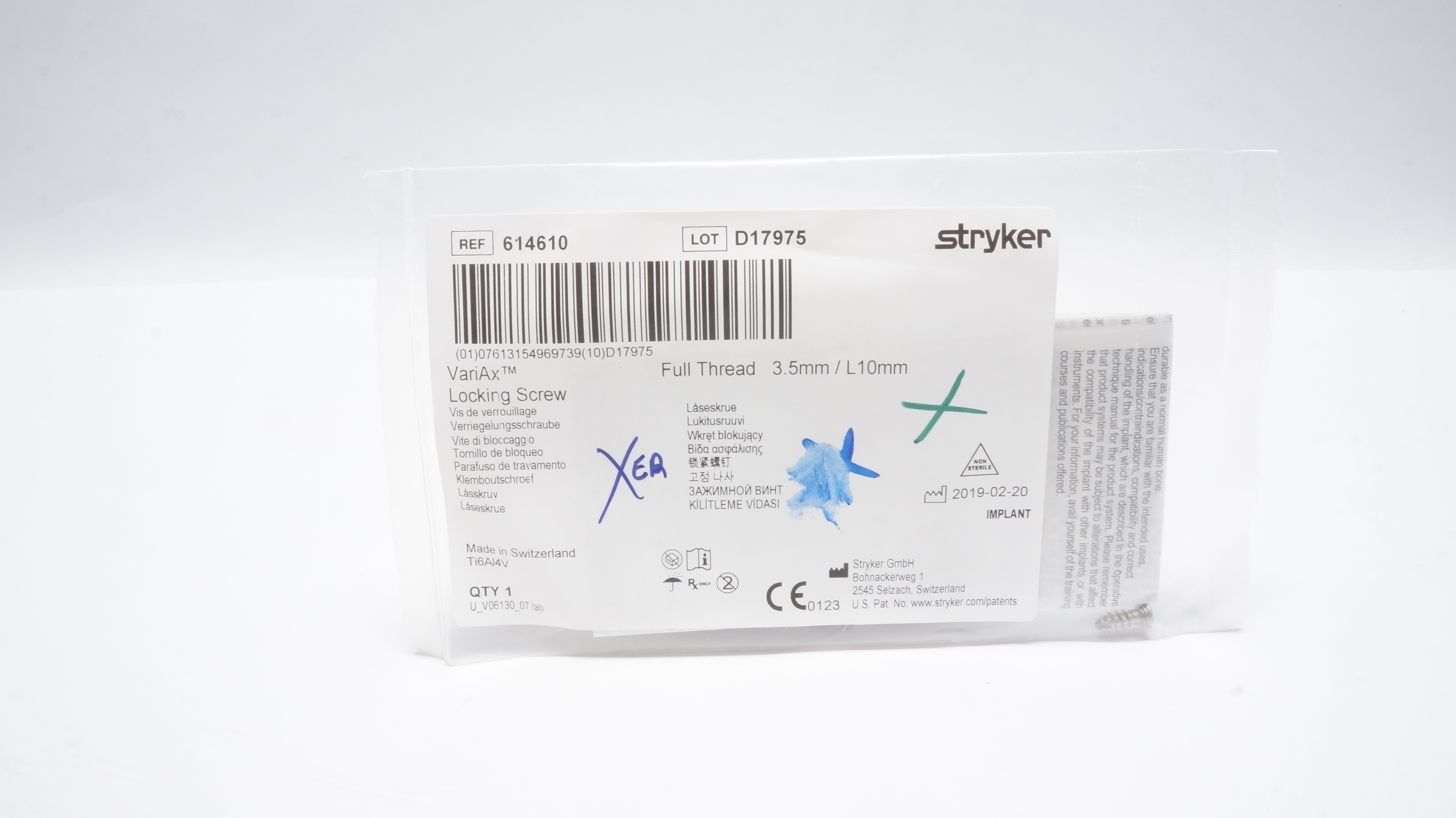 Stryker 614610 VariAx Locking Screw , Full Thread 3.5mm/ L10mm