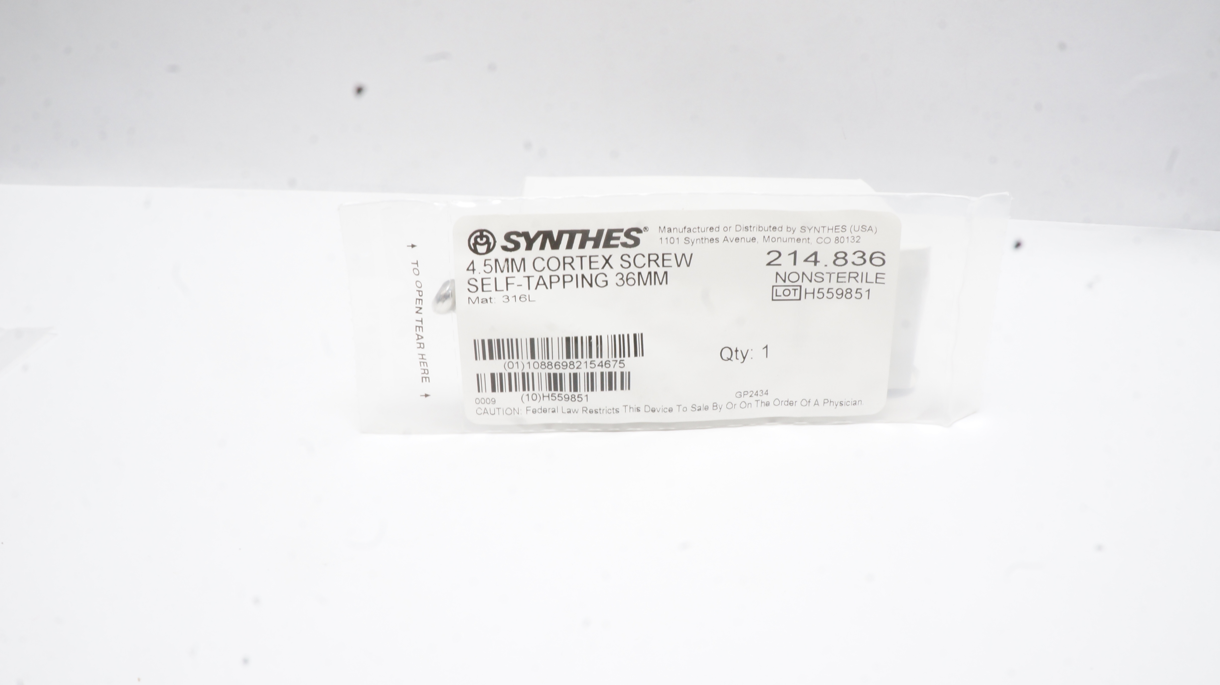 Synthes 214.836 4.5mm Cortex Screw Self-Tapping 36mm