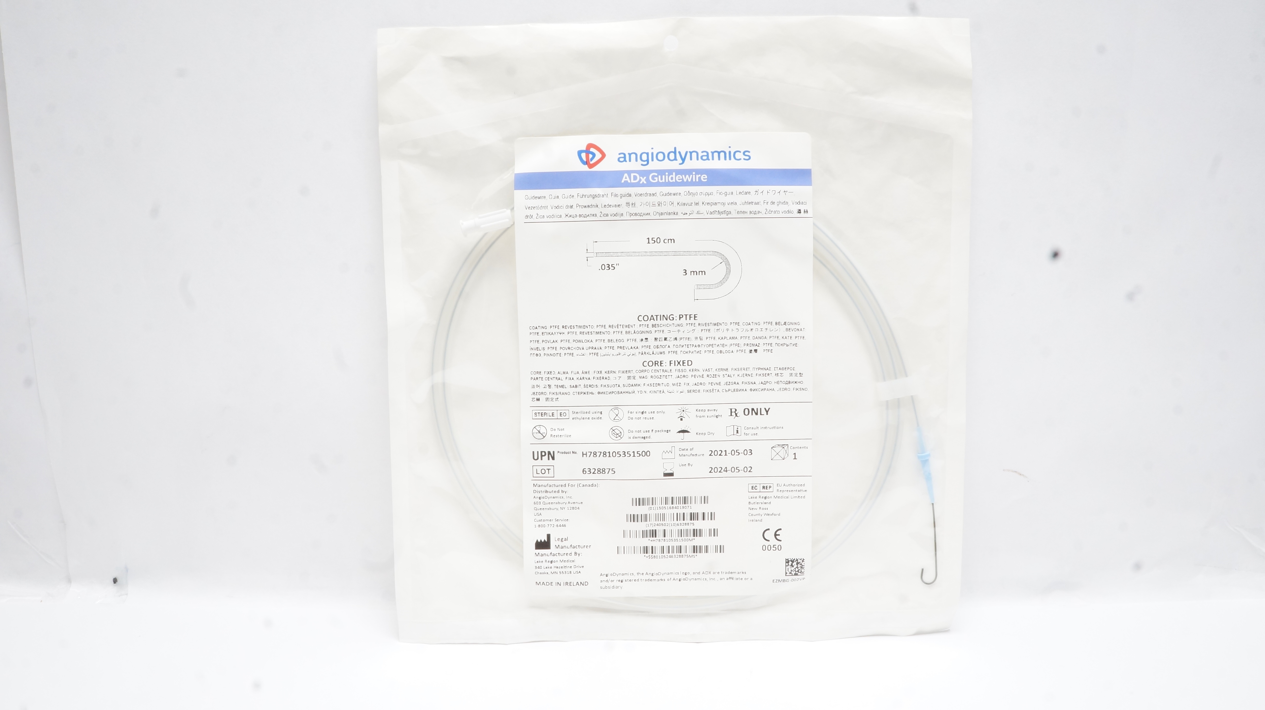 AngioDynamics H7878105351500 ADx Guidewire 150cm x 3mm x .035inch (x)