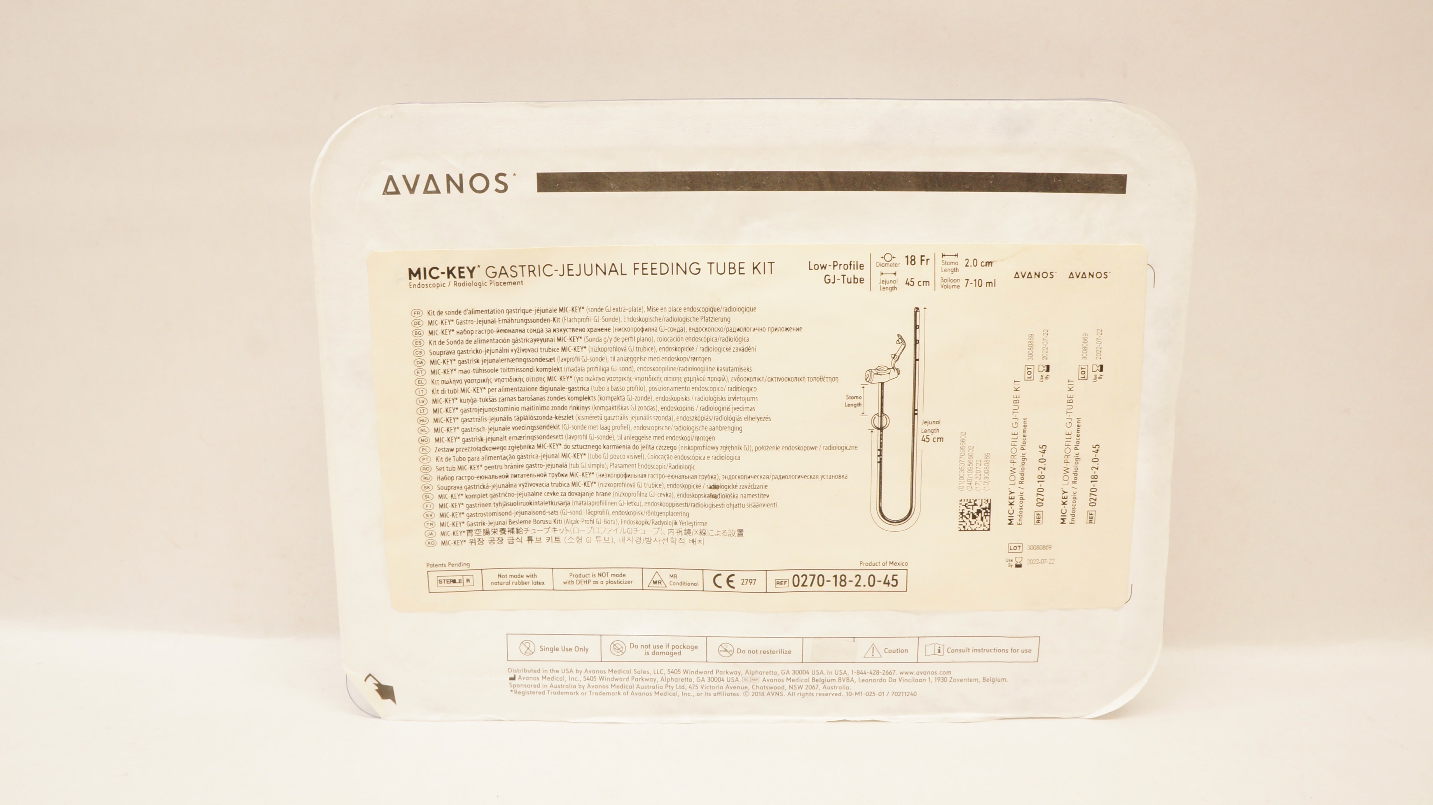 Avanos 0270-18-2.0-45 MIC-KEY Gastric-Jejunal Feeding Tube Kit 18Fr x 45cm (x)