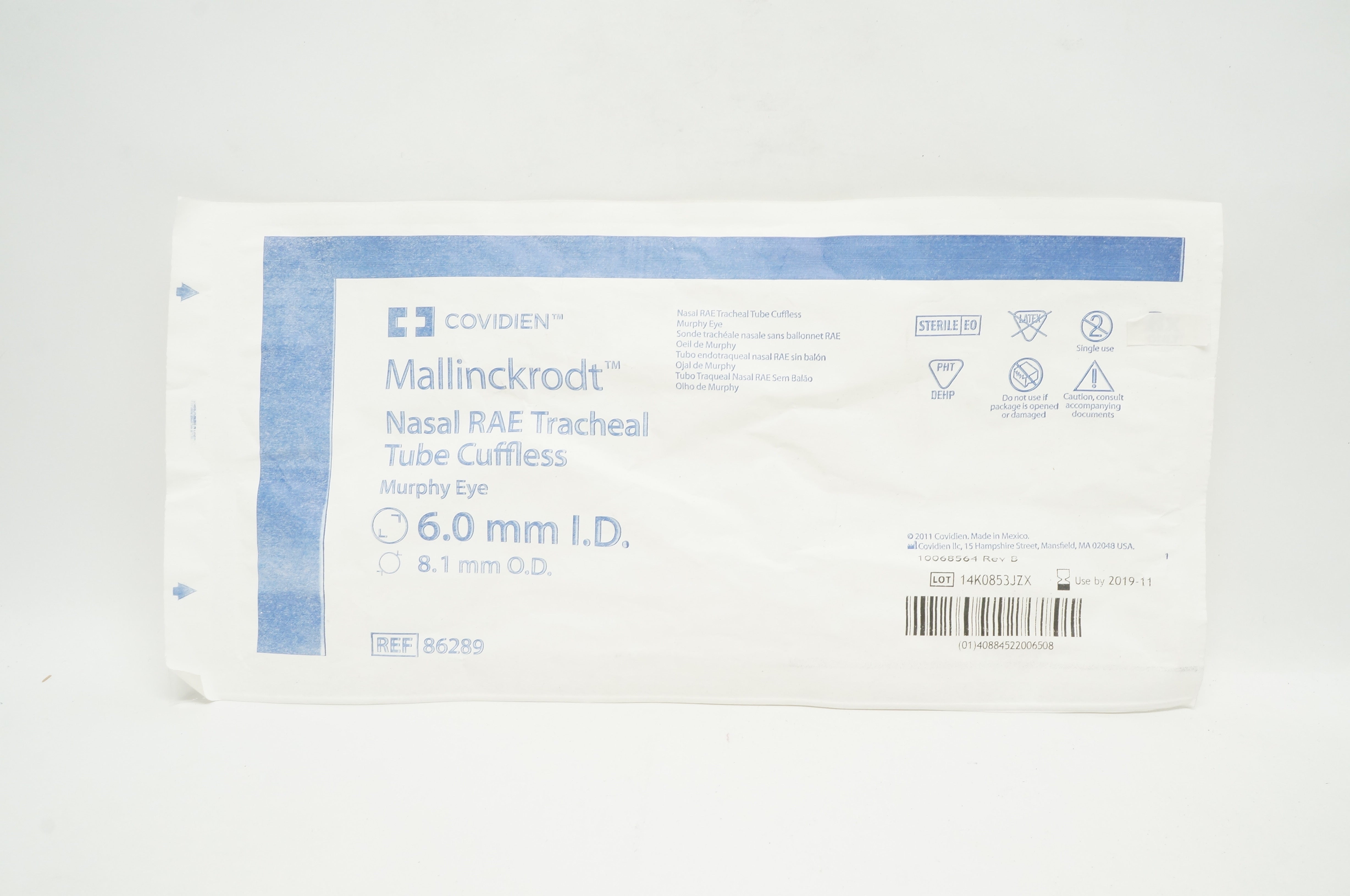 Covidien 86289 Mallinckrodt Nasal RAE Tracheal Tube Cuffless 6.0mm x 8.1mm (x)