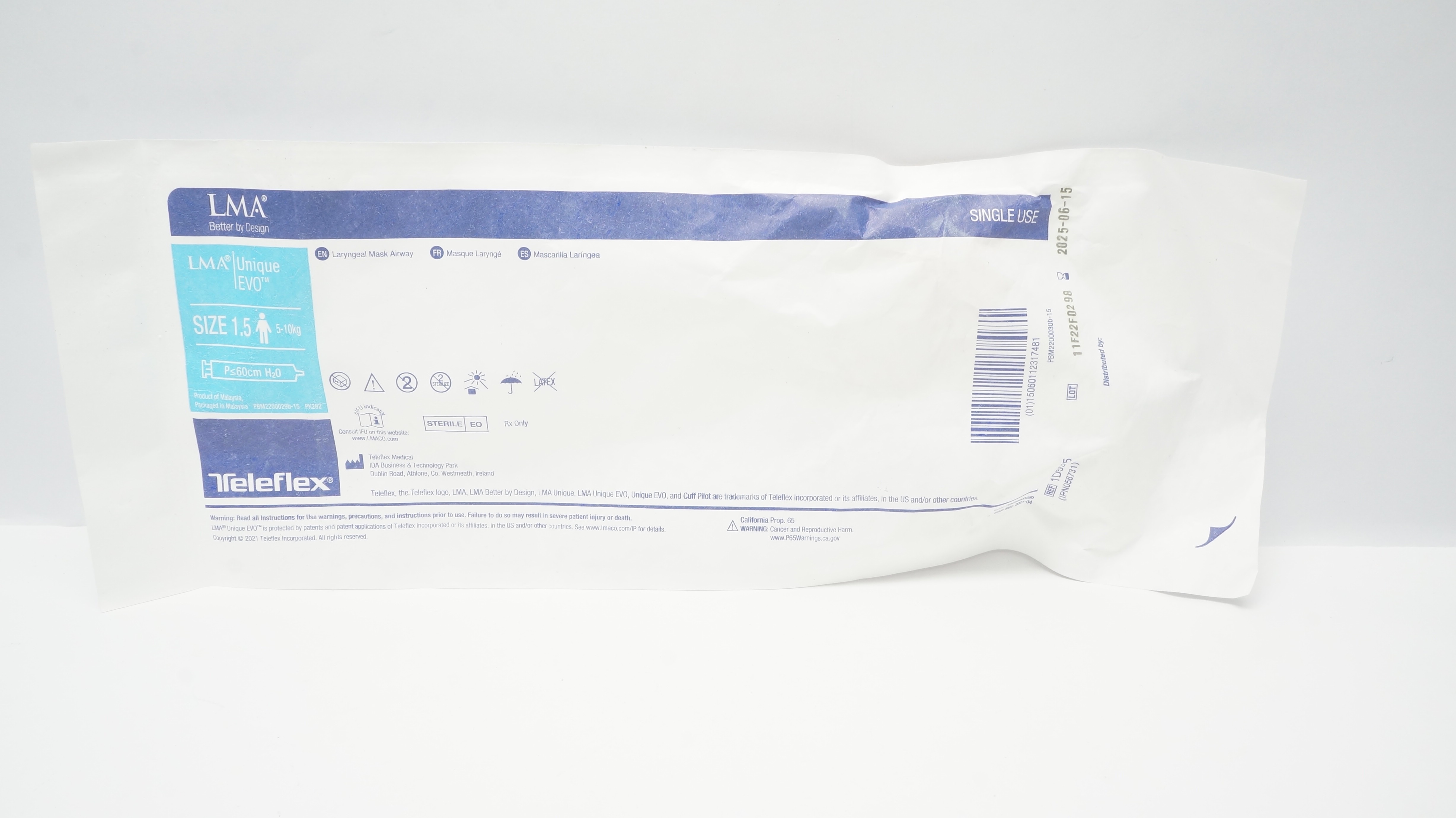 Teleflex 1D5015 LMA Unique EVO Laryngeal Mask Airway, Size 1.5 5-10kg