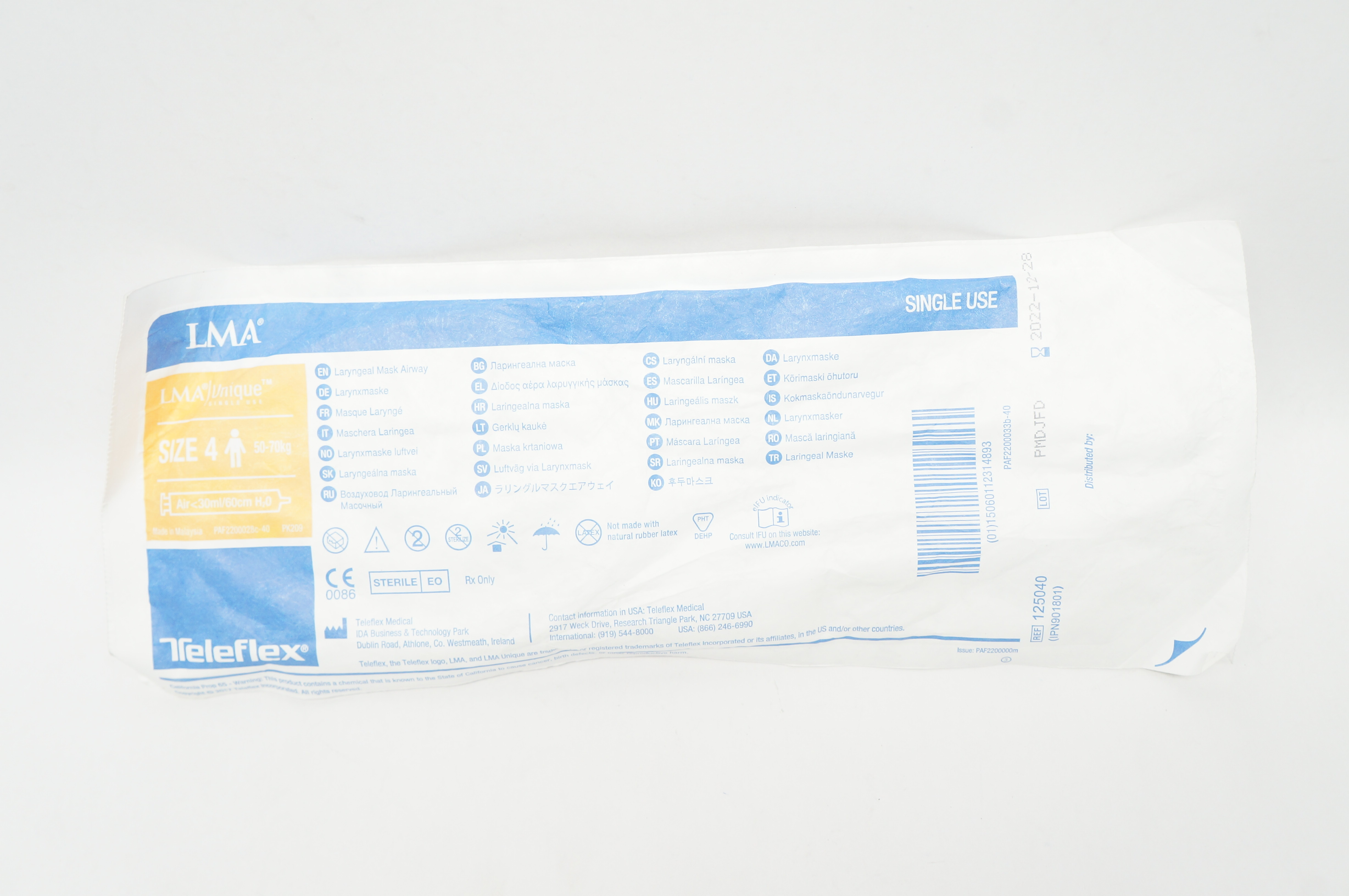 Teleflex 125040 LMA Laryngeal Mask Airway Size 4 50-70kg Air <30ml/60cm H2O