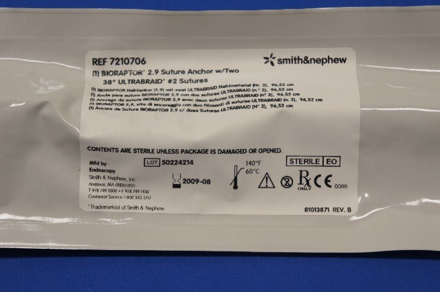 Smith&Nephew 7210706 BIORAPTOR 2.9 Suture Anchor w/TWO 38 (x)