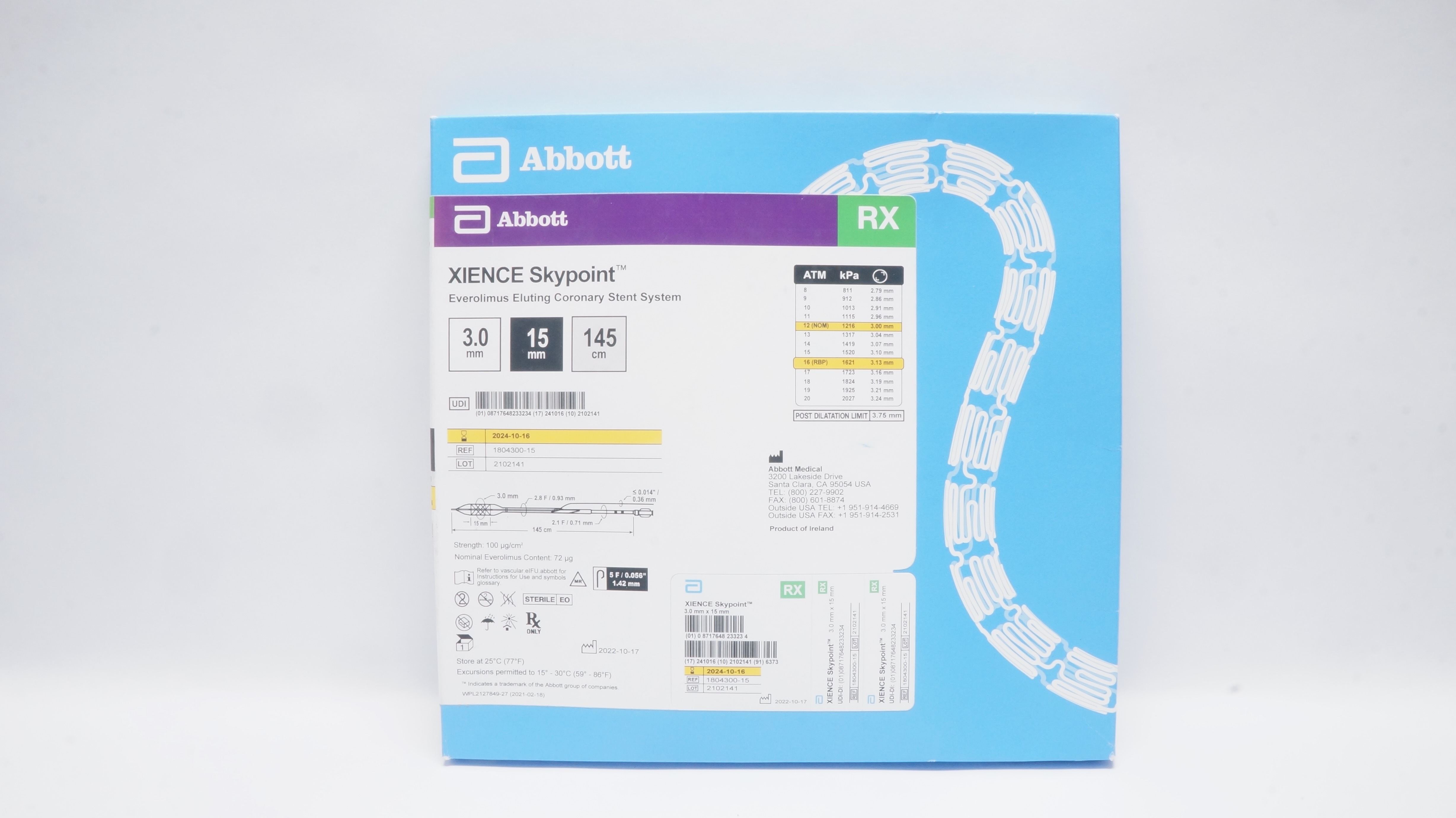 Abbott 1804300-15 Xience Skypoint Coronary Stnt System 3.0mm x 15mm x 145cm (x)