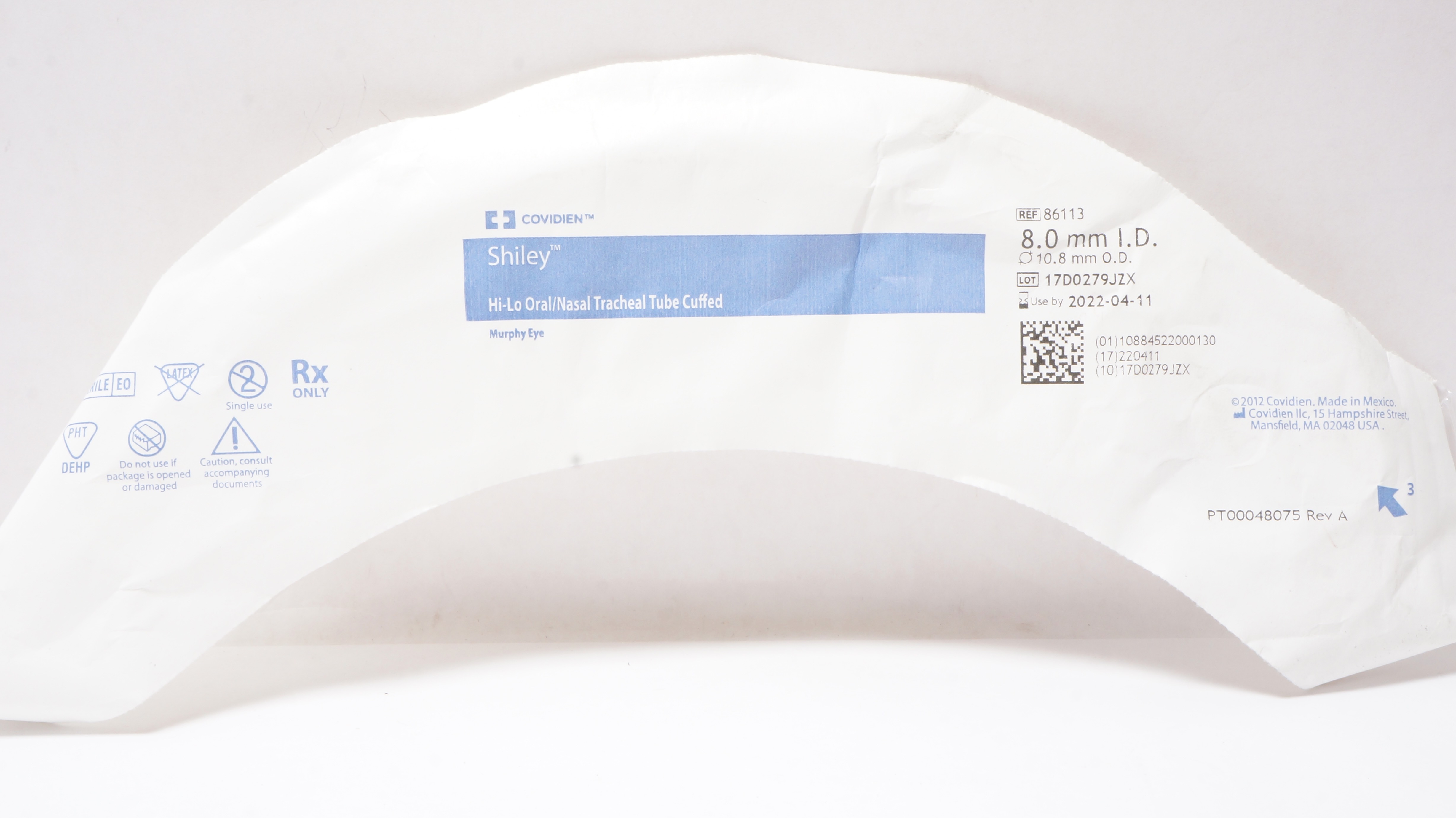 Covidien 86113 Shiley Hi-Lo Oral/Nasal Tracheal Tube Cuffed 8.0ID x 10.8mm OD(x)