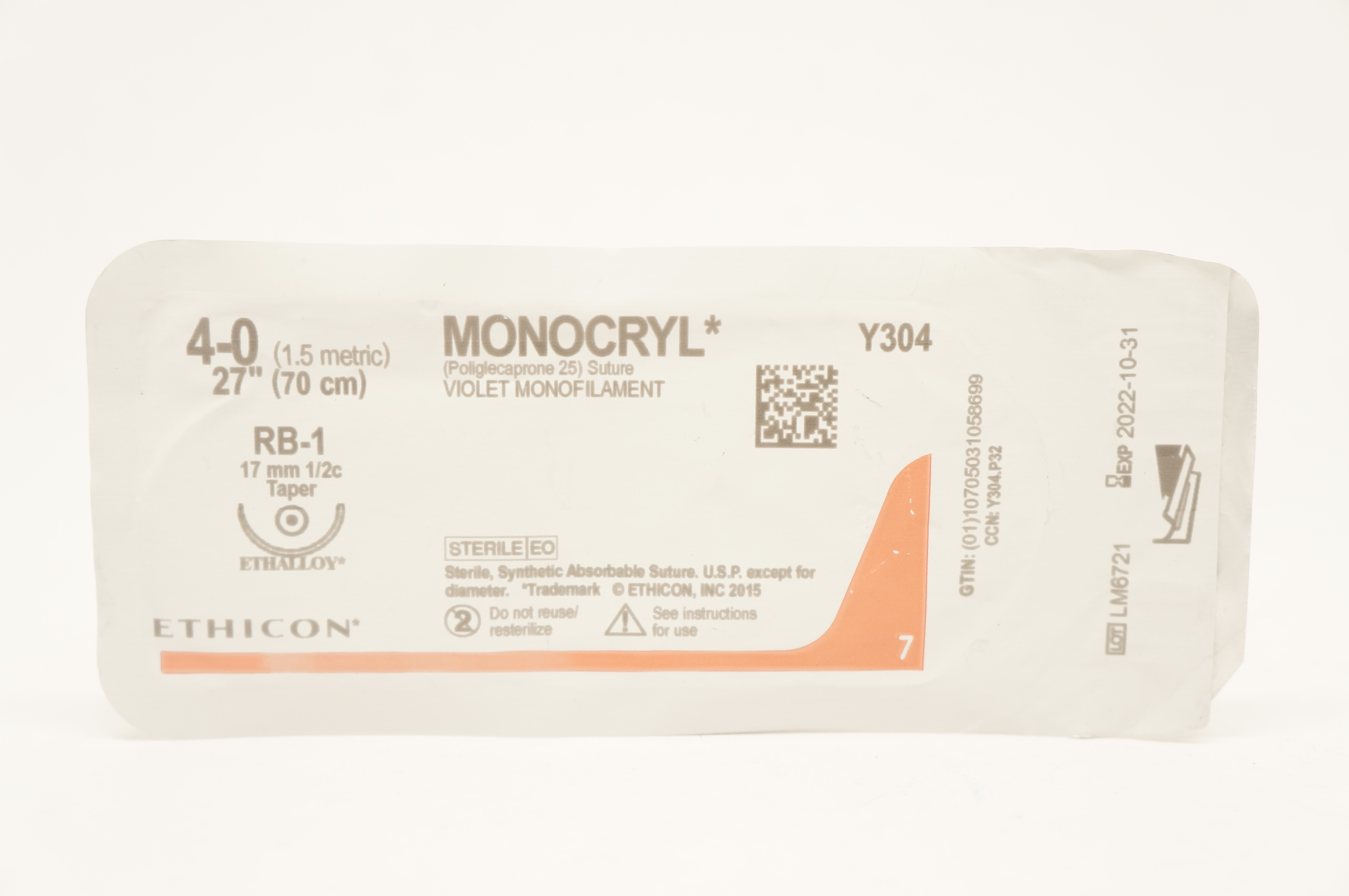 Ethicon Y304 4-0 Monocryl Poliglecaprone 25 Stre RB-1 17mm 1/2c Taper, 27inch(x)