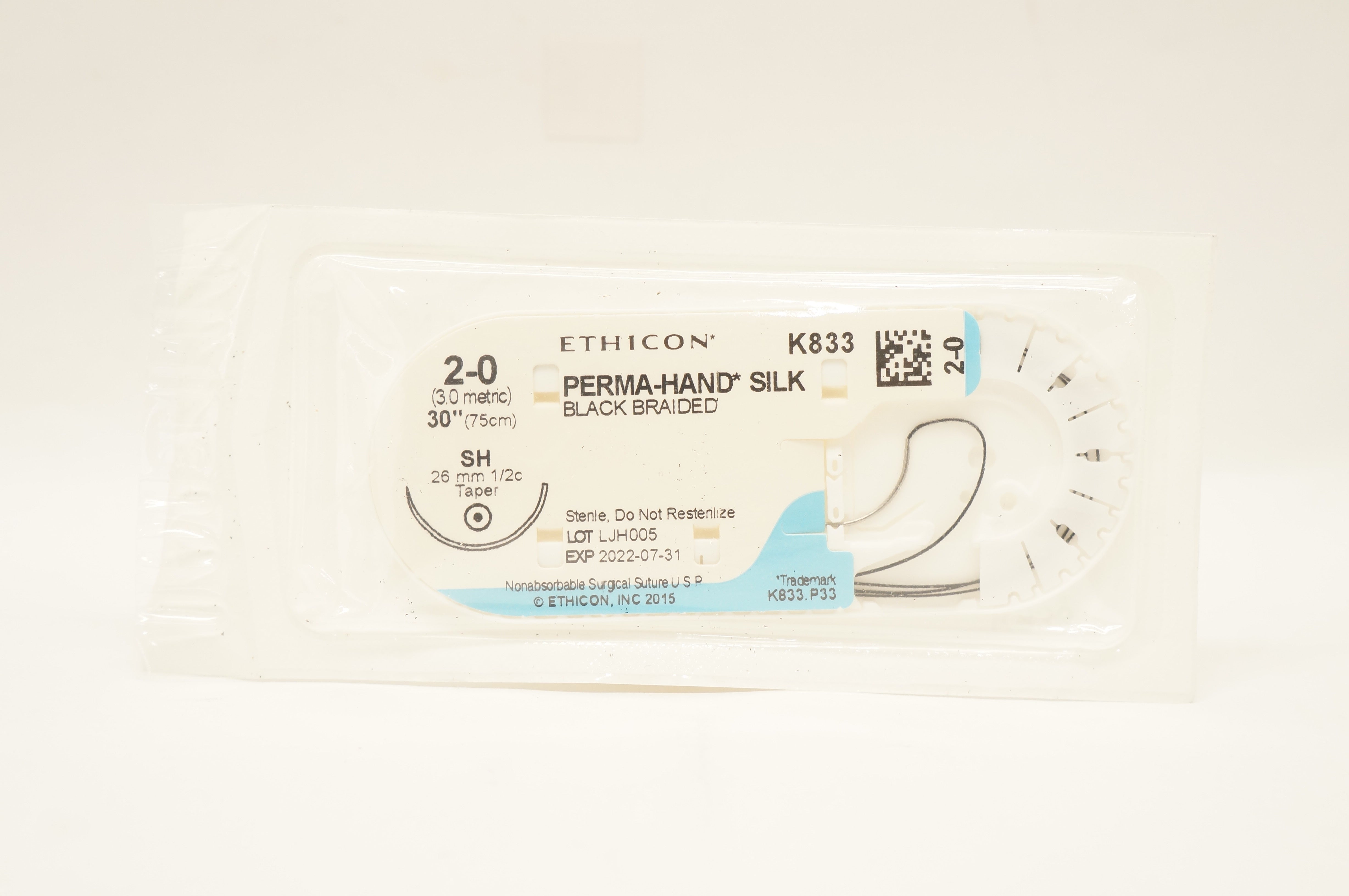 Ethicon K833 2-0 Perma-Hand Silk Black Braided Stre SH 26mm 1/2c Taper, 30inch (x)