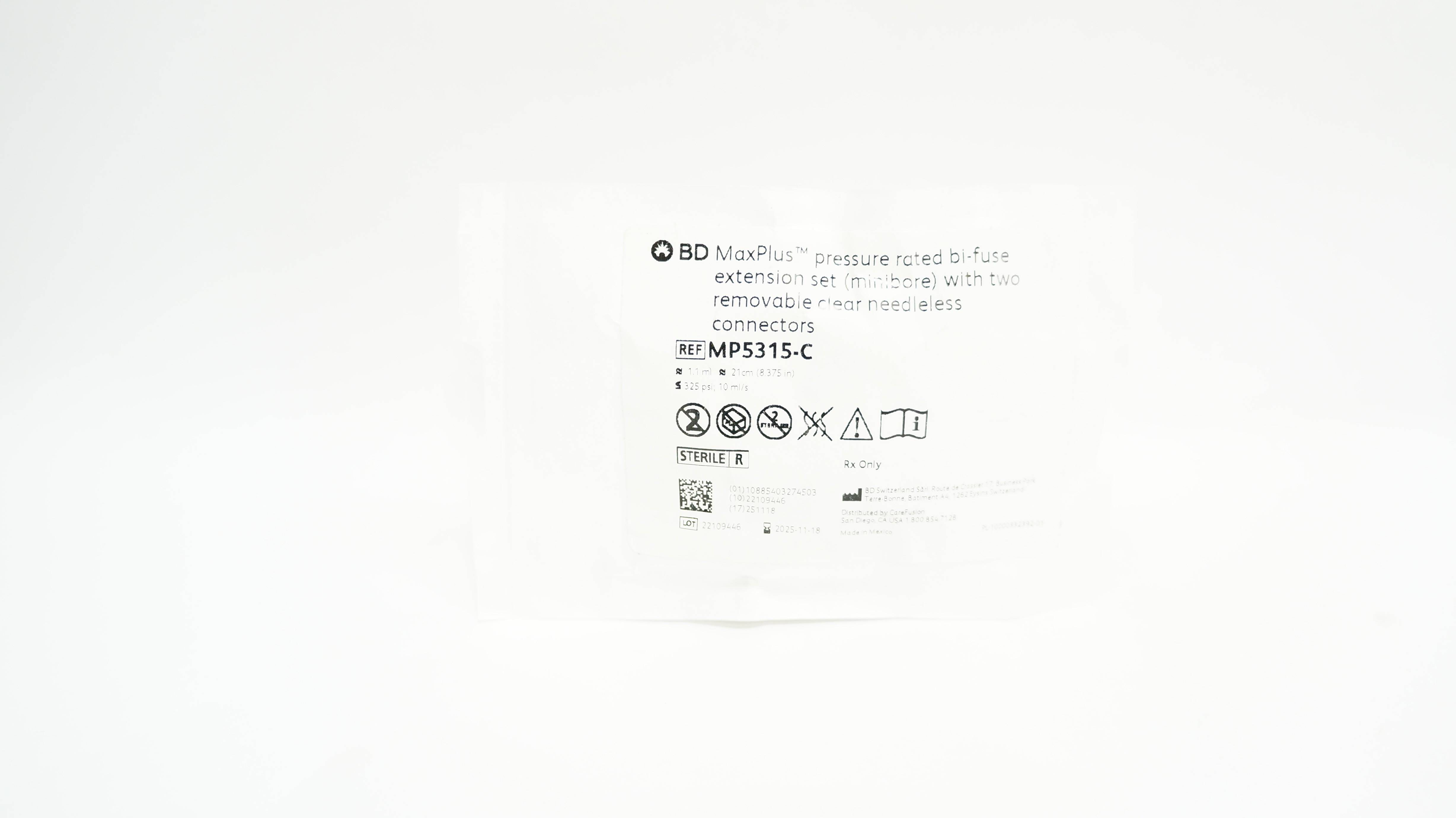 BD MP5315-C MaxPlus Pressure Rated Bi-Fuse Extension Set 1.1mL x 8.375inch