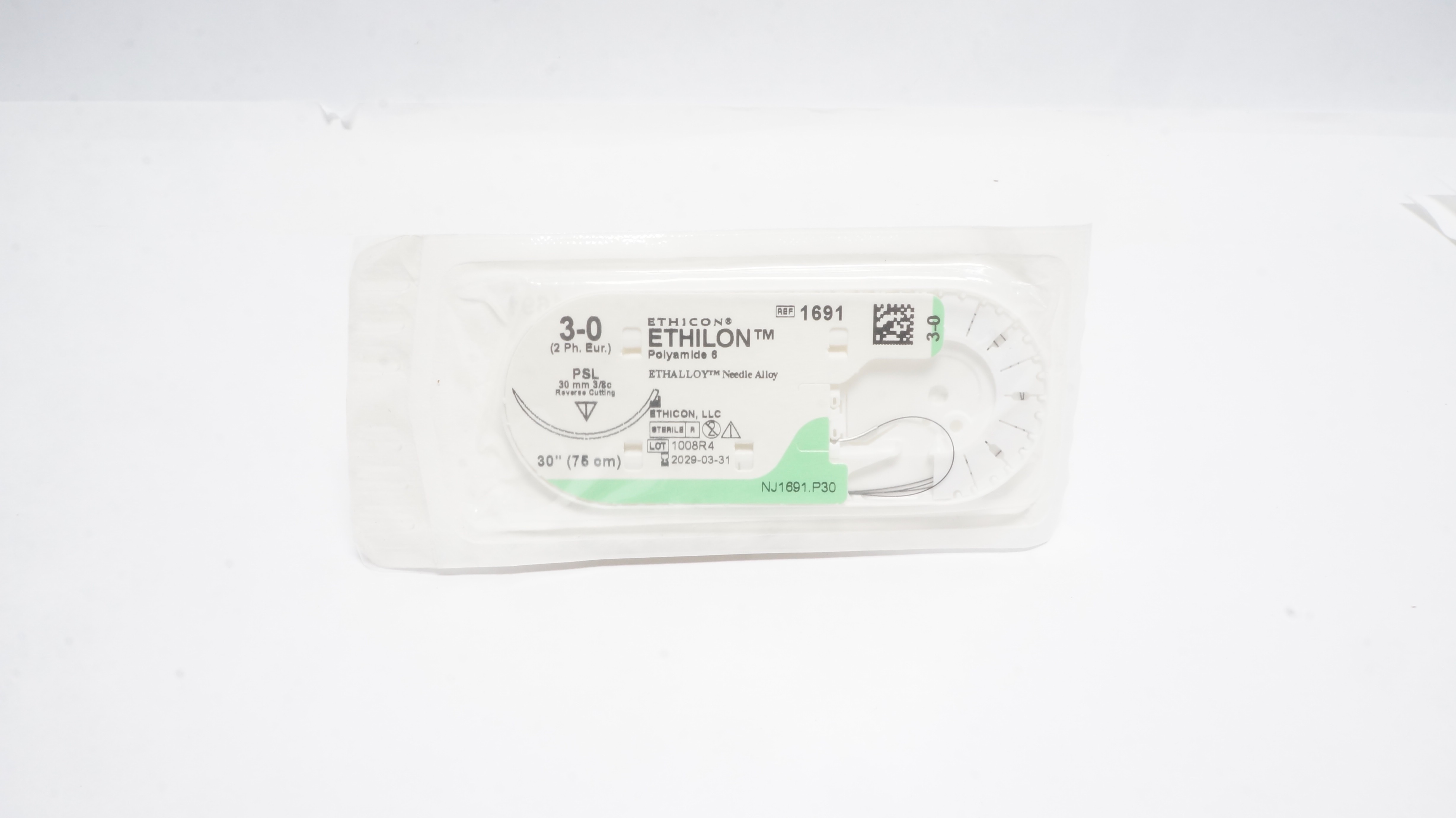 Ethicon 1691 3-0 ETHILON Polyamide 6 Stre PSL 30mm 3/8c Reverse Cutting, 30inch