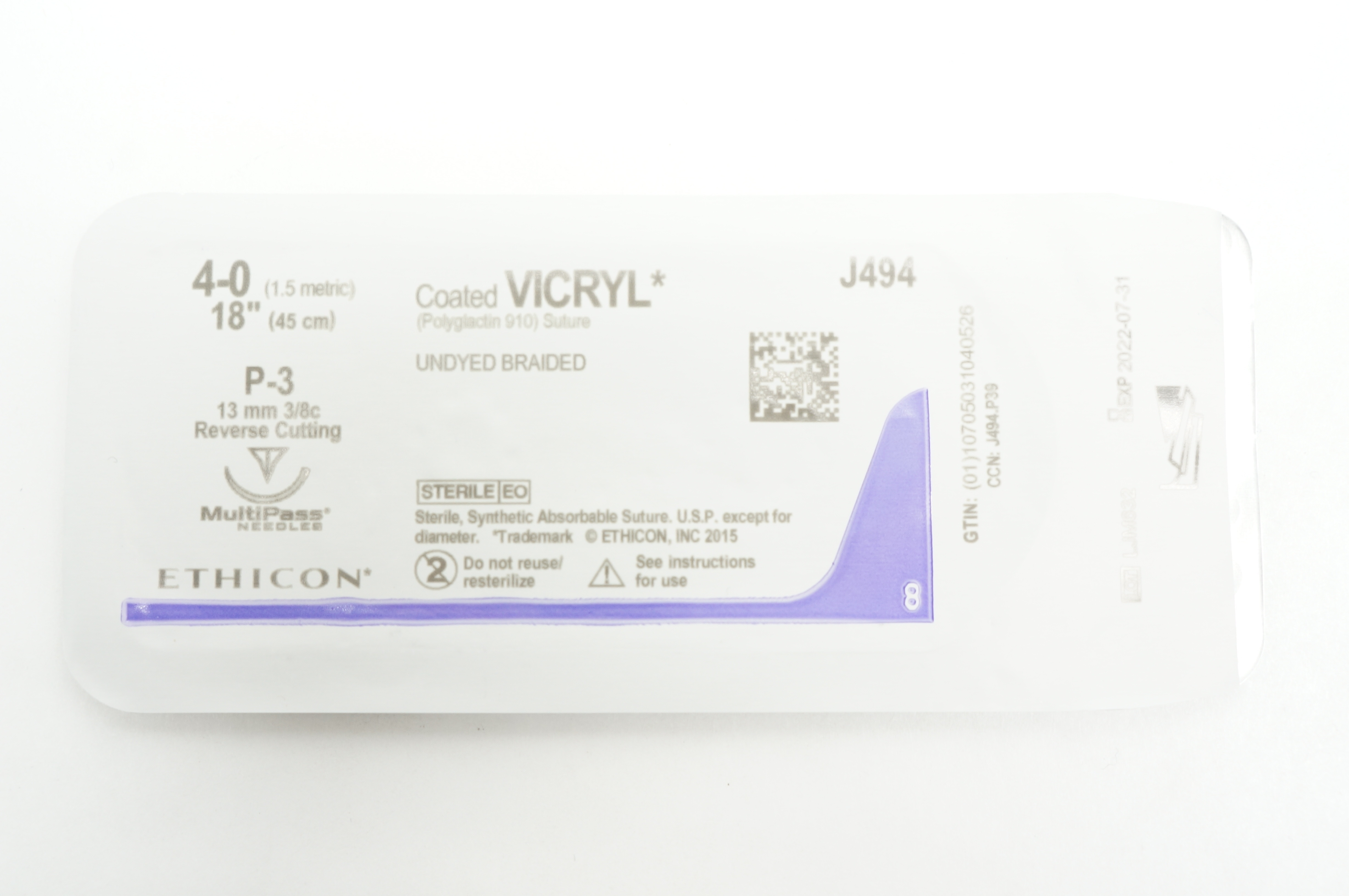 Ethicon J494 4-0 Coated VICRYL P-3 13mm 3/8c Reverse Cutting, 18inch