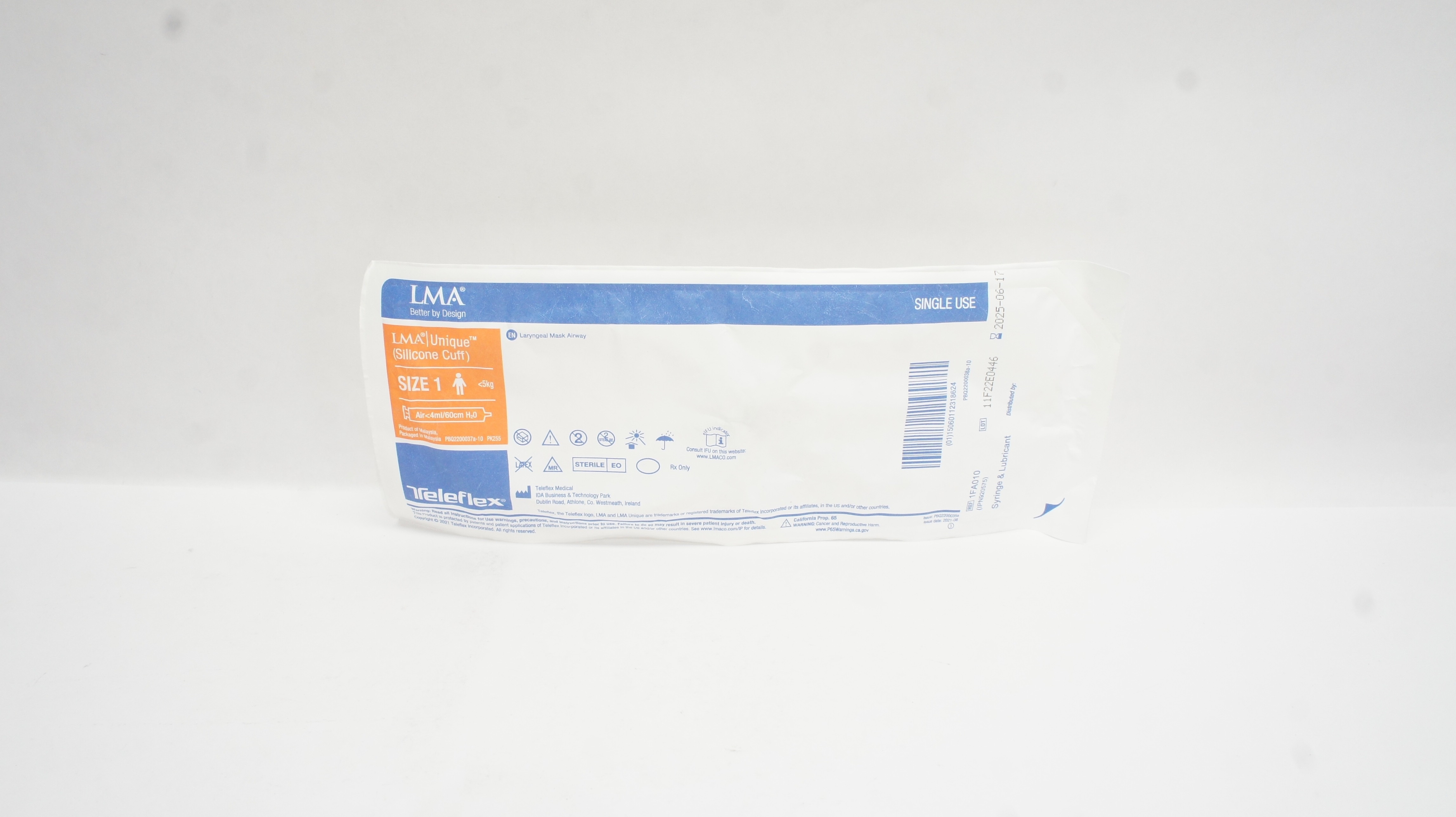 Teleflex 1FA010 LMA Unique Laryngeal Mask Airway, Size 1 <5kg Air<4ml/60cm H2O