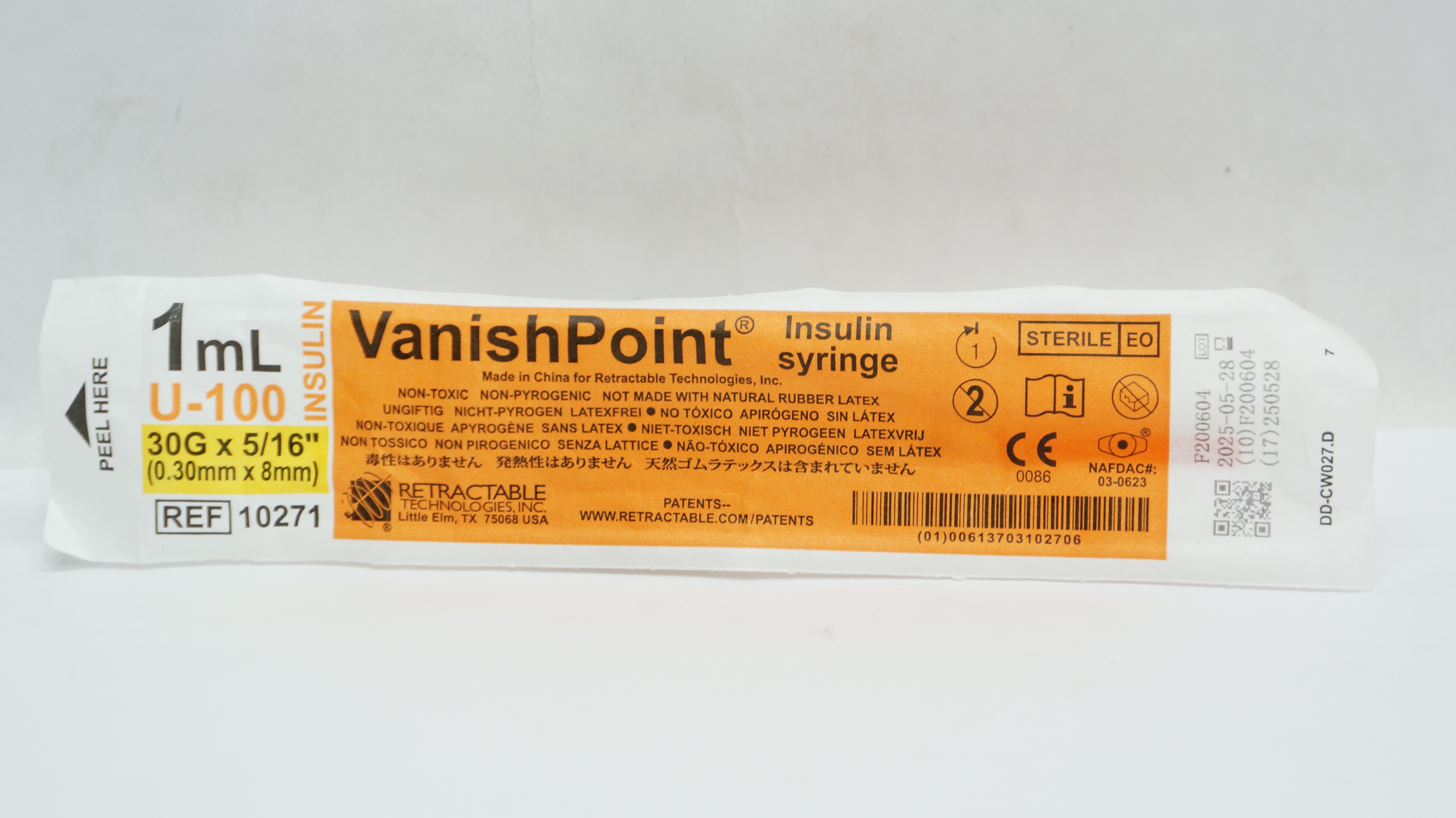 Retractable 10271 VanishPoint Insulin Syringe 1mL U-100 30G x 5/16inch