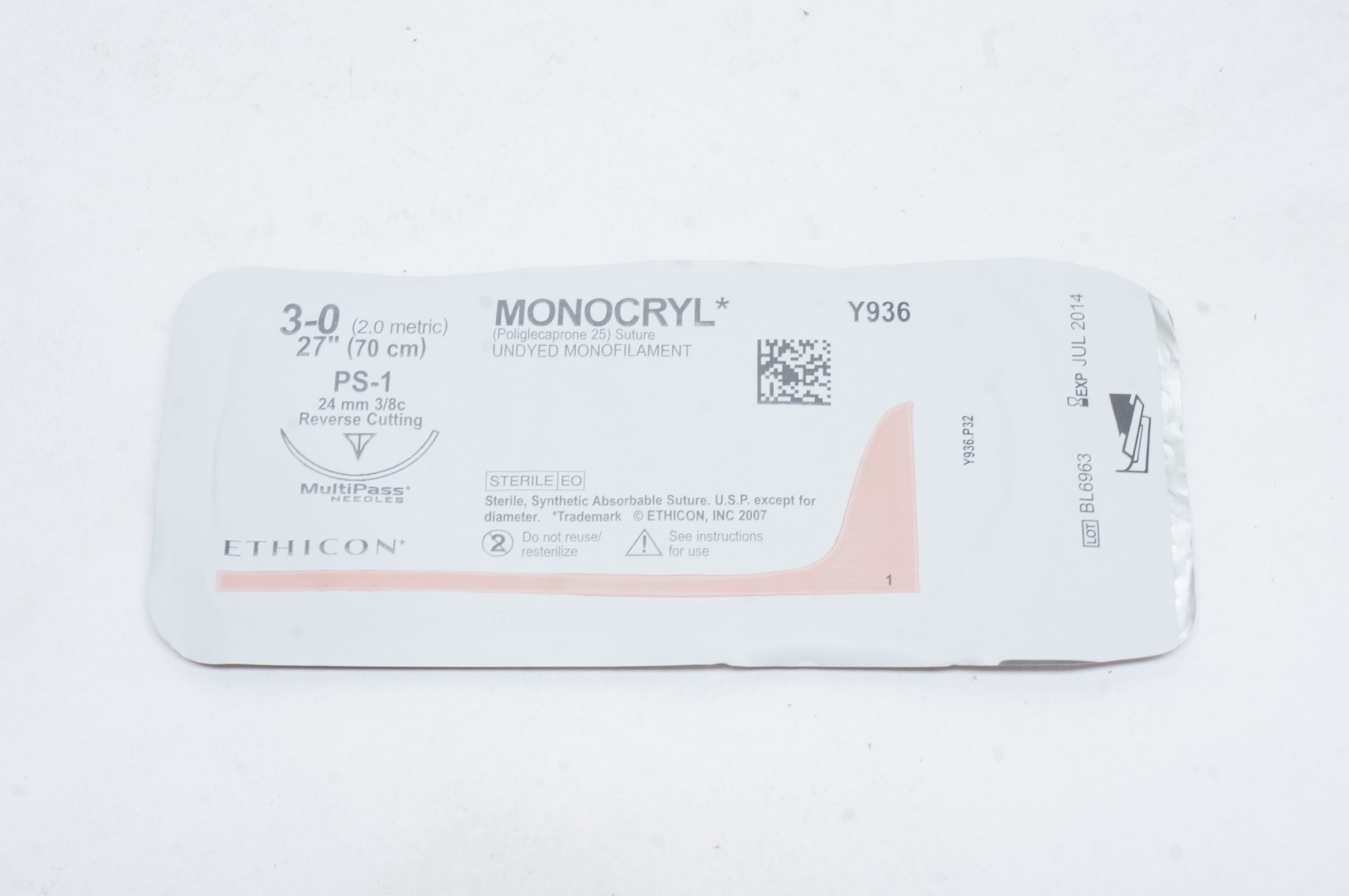 Ethicon Y936 3-0 MONOCRYL, PS-1, 24mm 3/8c Reverse Cutting, 27inch (x)