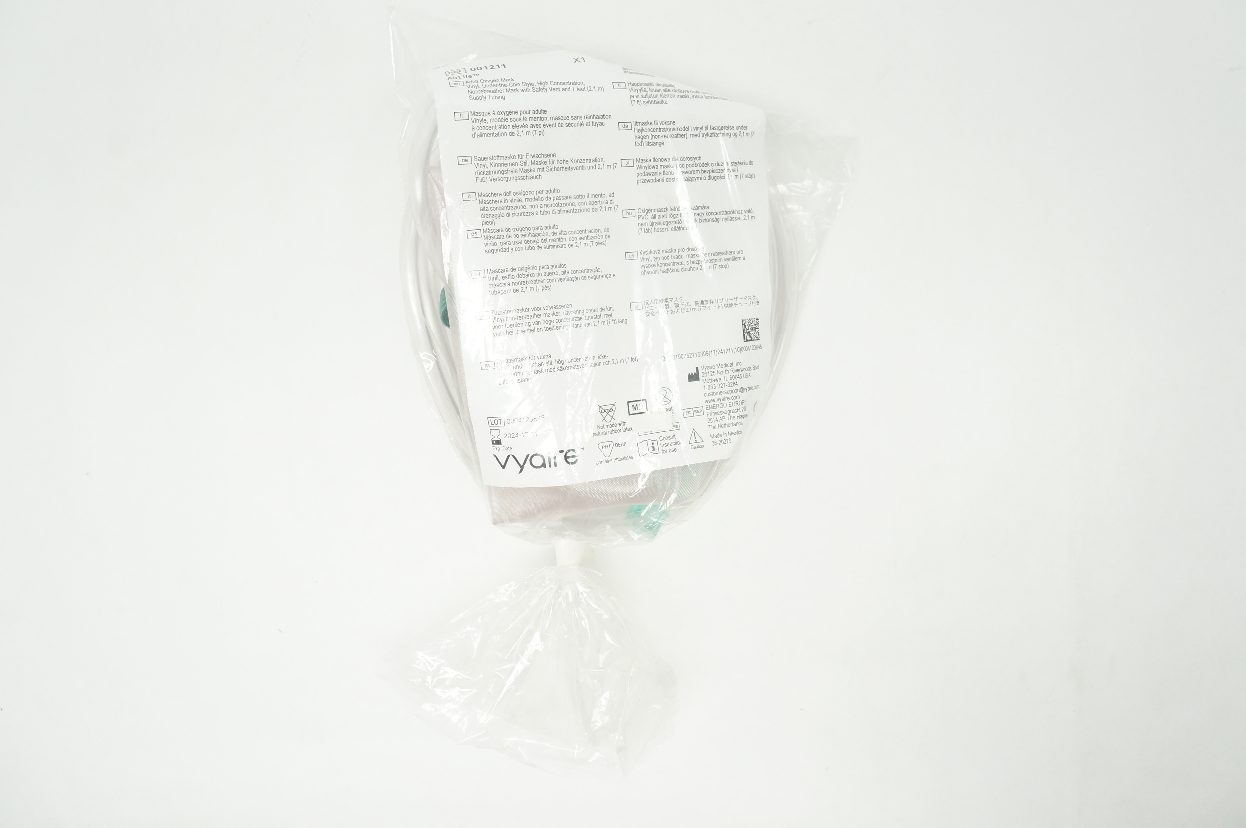 Vyaire Medical 001211 Adult Oxygen Mask, Vinyl, Under-the-Chin Style