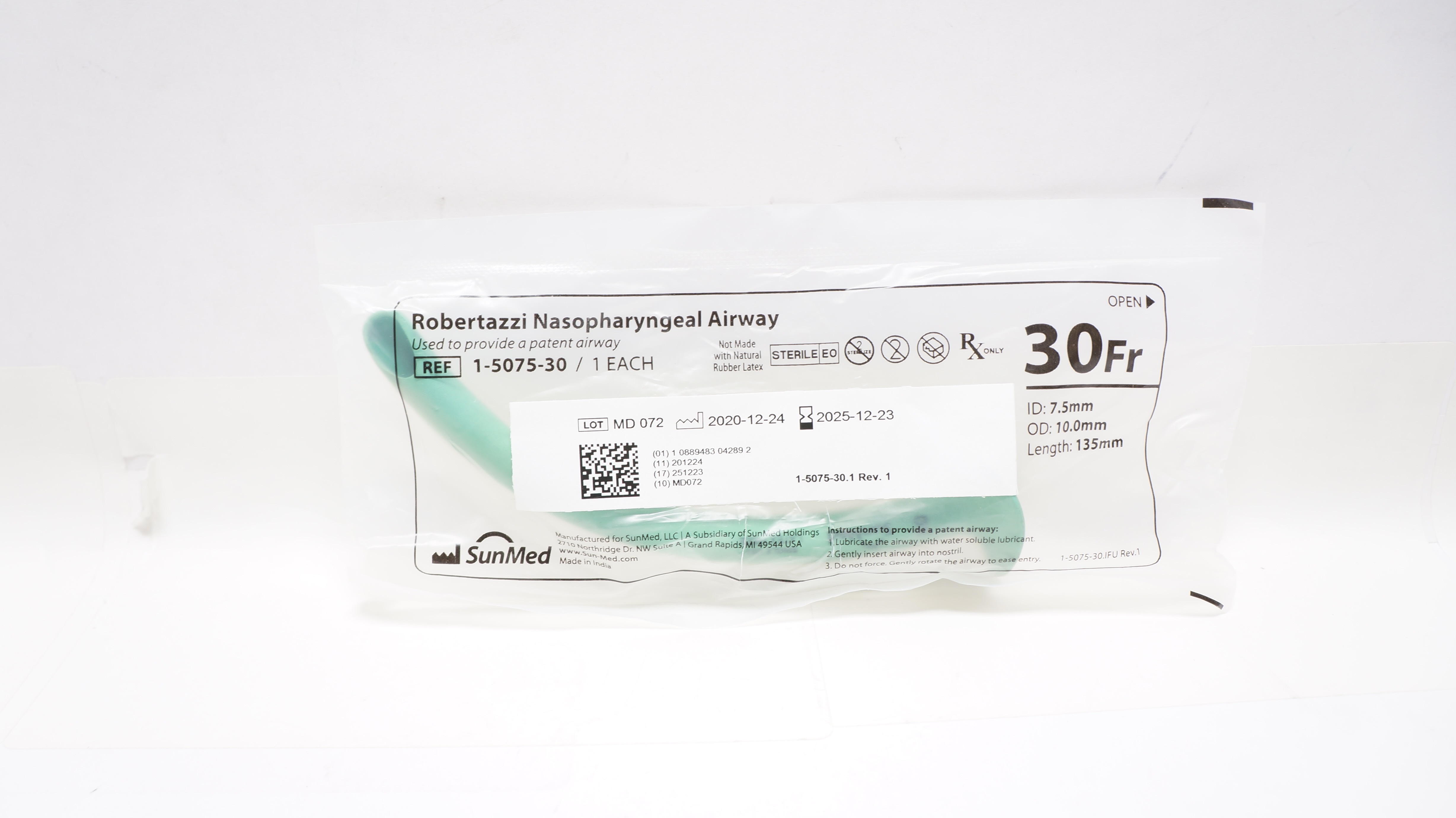 SunMed 1-5075-30 Robertazzi Nasopharyngeal Airway 30Fr x 7.5ID x 10.0OD x 135mm
