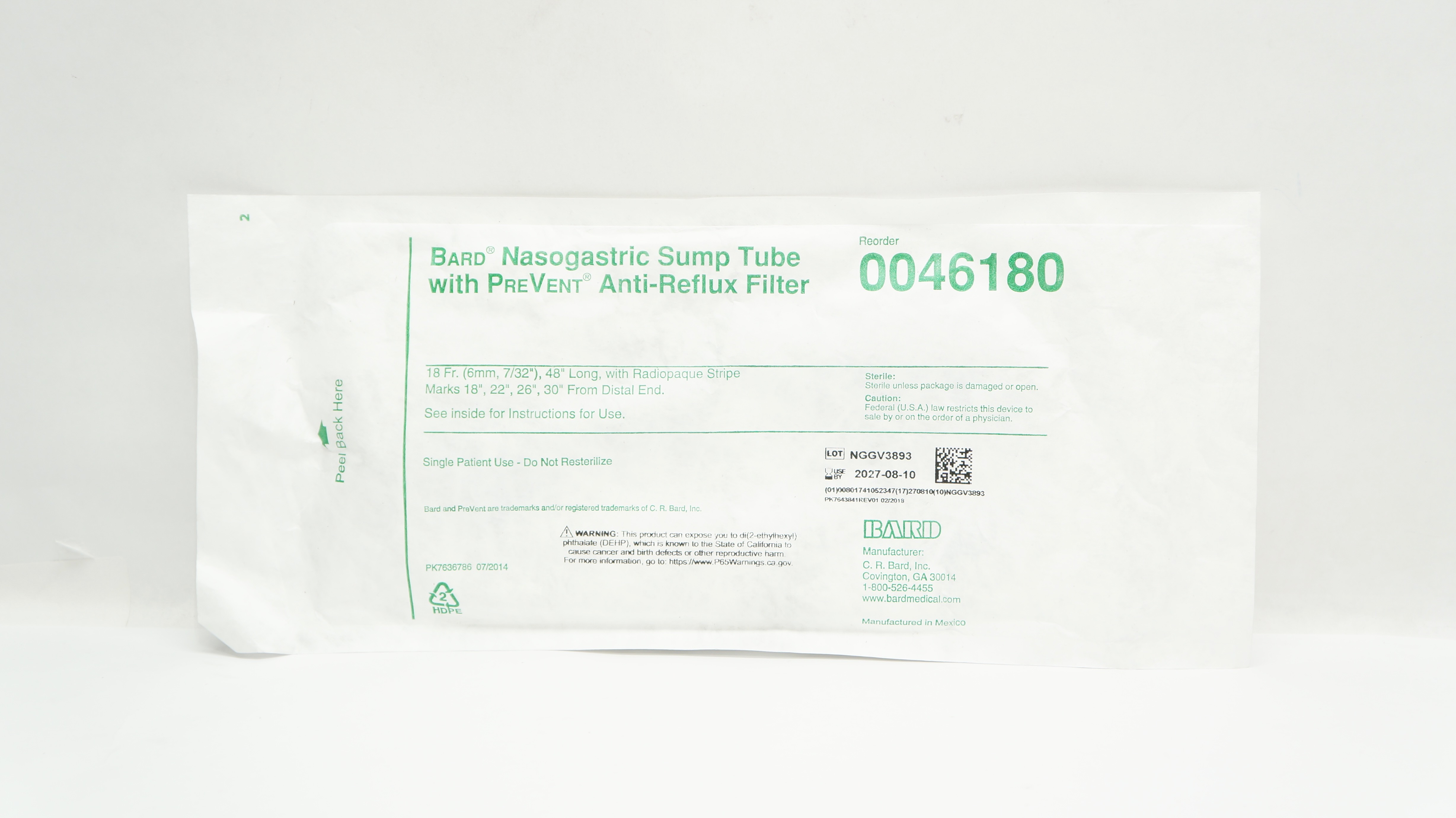 Bard 0046180 Nasogastric Sump Tube With PreVent Anti-Reflux Filter 18Fr x 48inch