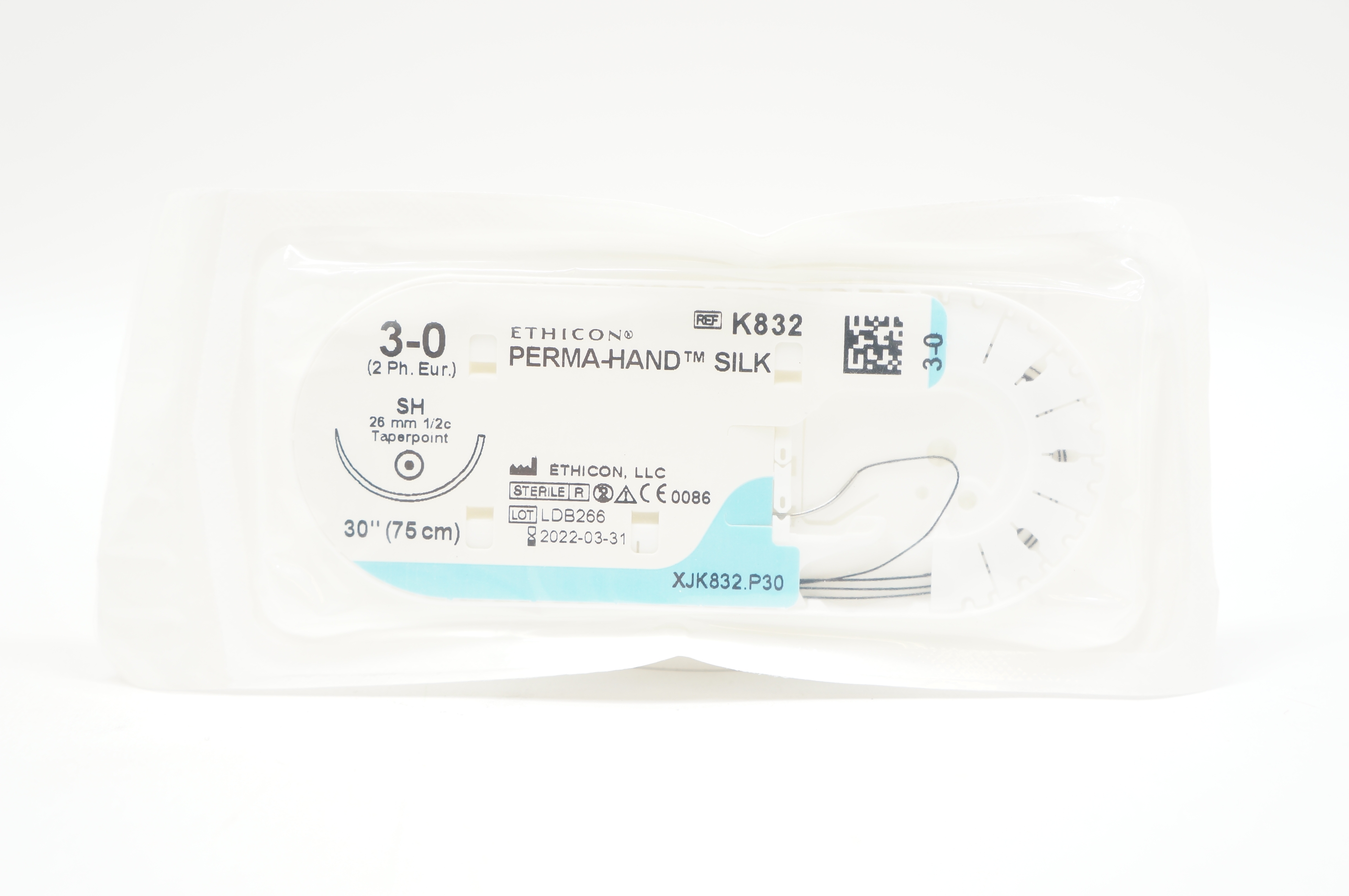 Ethicon K832 3-0 PERMA-HAND SILK, SH, 26mm 1/2c Taperpoint, 30inch