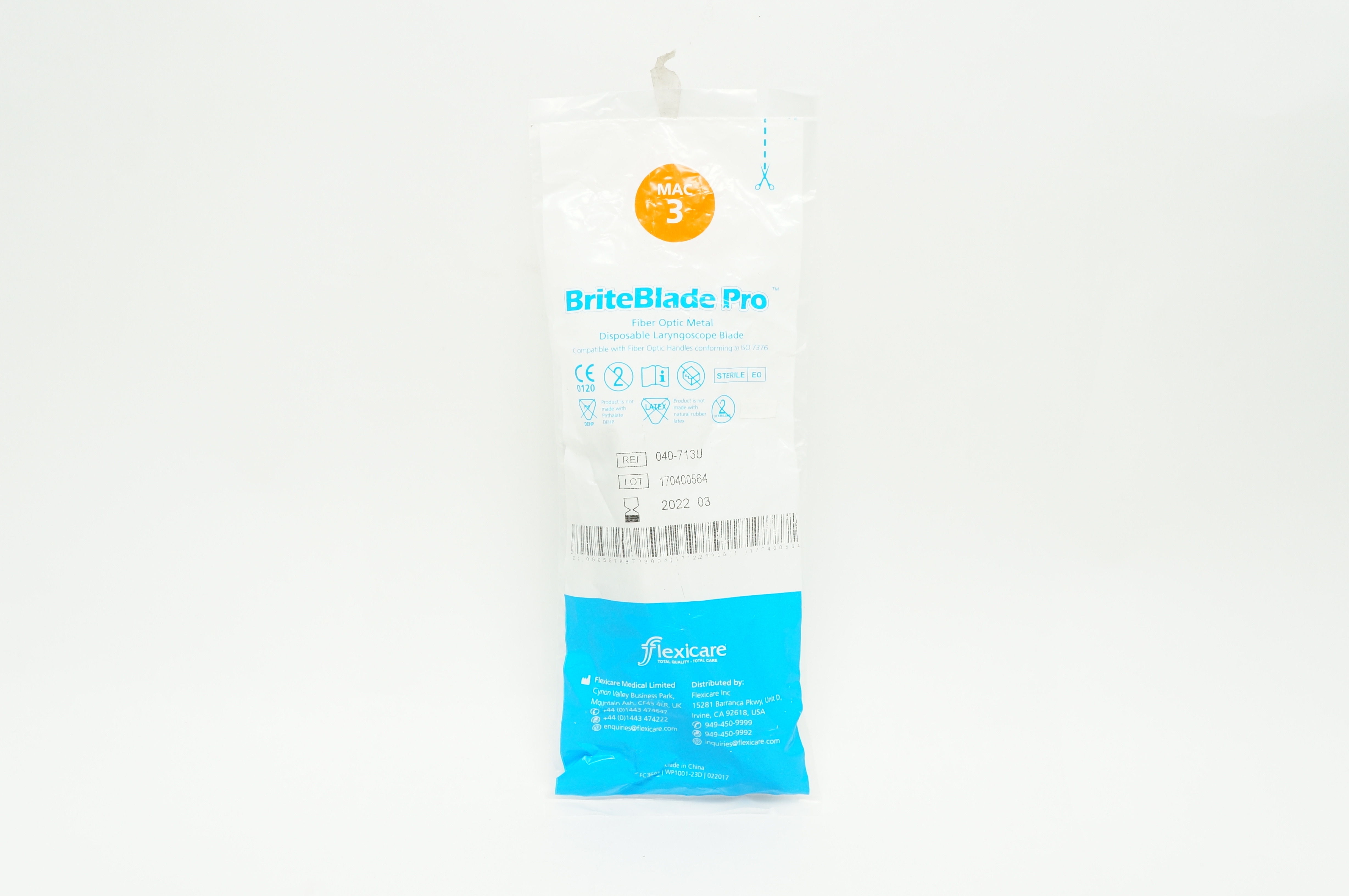 Flexicare 040-713U BriteBlade Pro Fiber Optic Metal Laryngoscope Blade, MAC 3