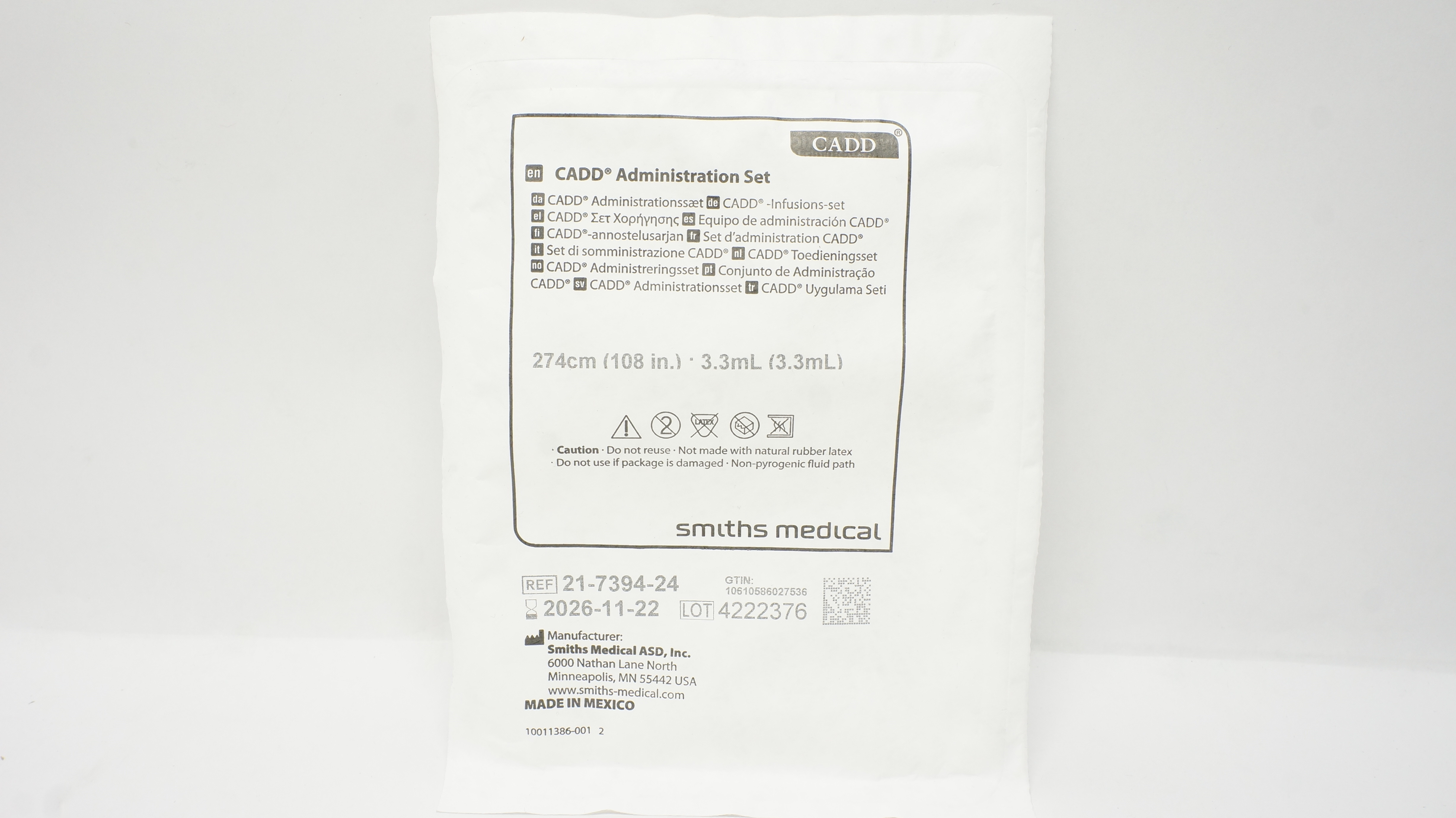 Smiths Medical 21-7394-24 CADD Administration Set 108 inch x 3.3mL