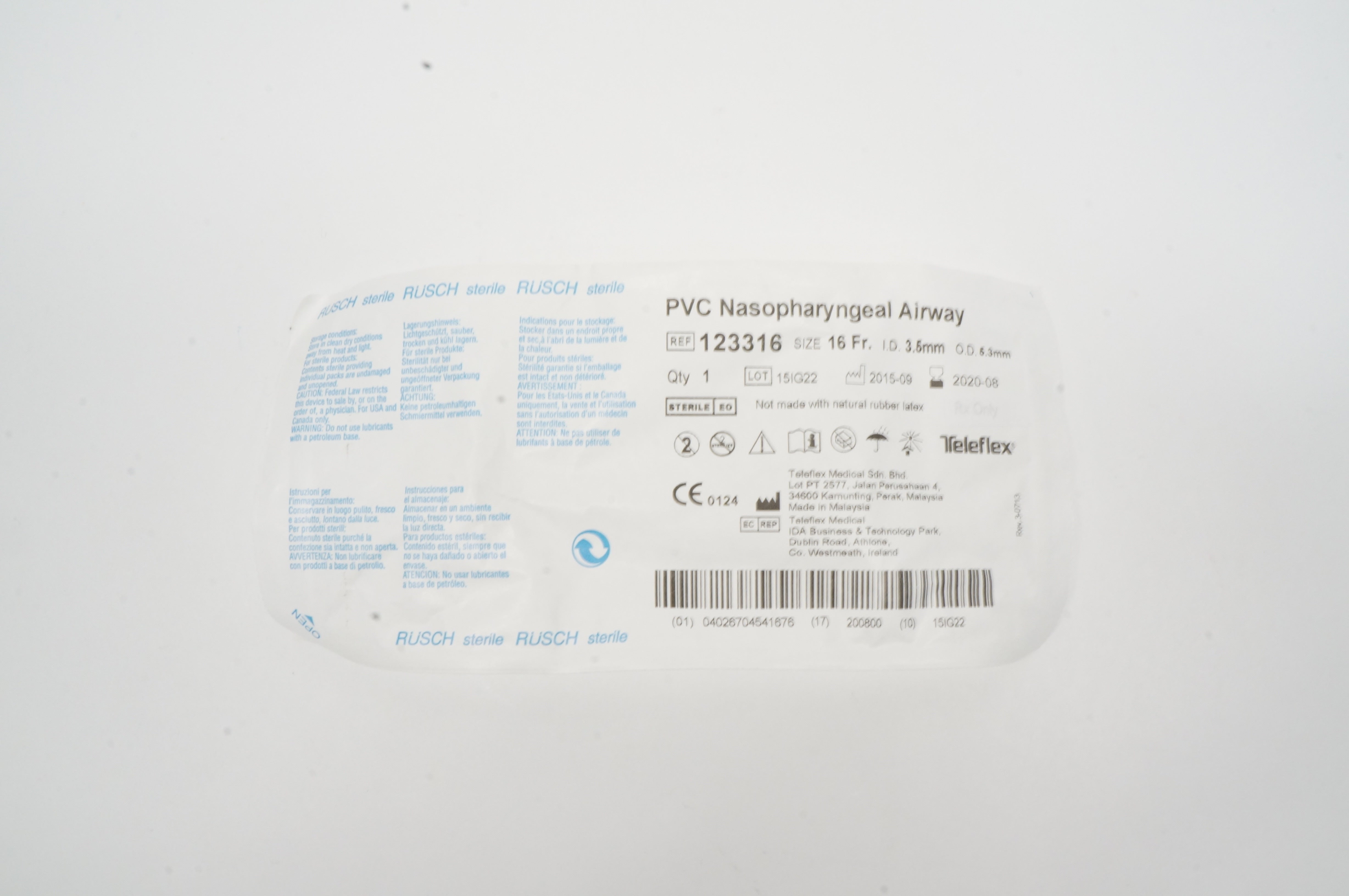 Teleflex 123316 Rusch PVC Nasopharyngeal Airway 16Fr x ID 3.5mm x OD 5.3mm (x)